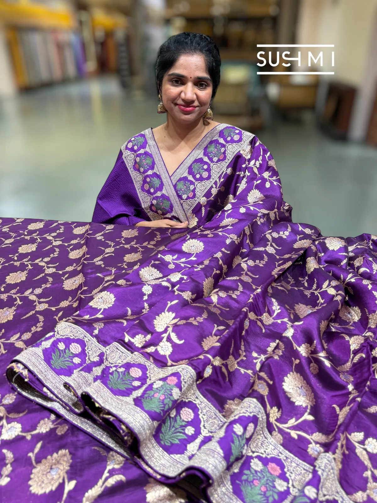 Purple Banarasi Silk Saree with sabyasachi borders — Image 5