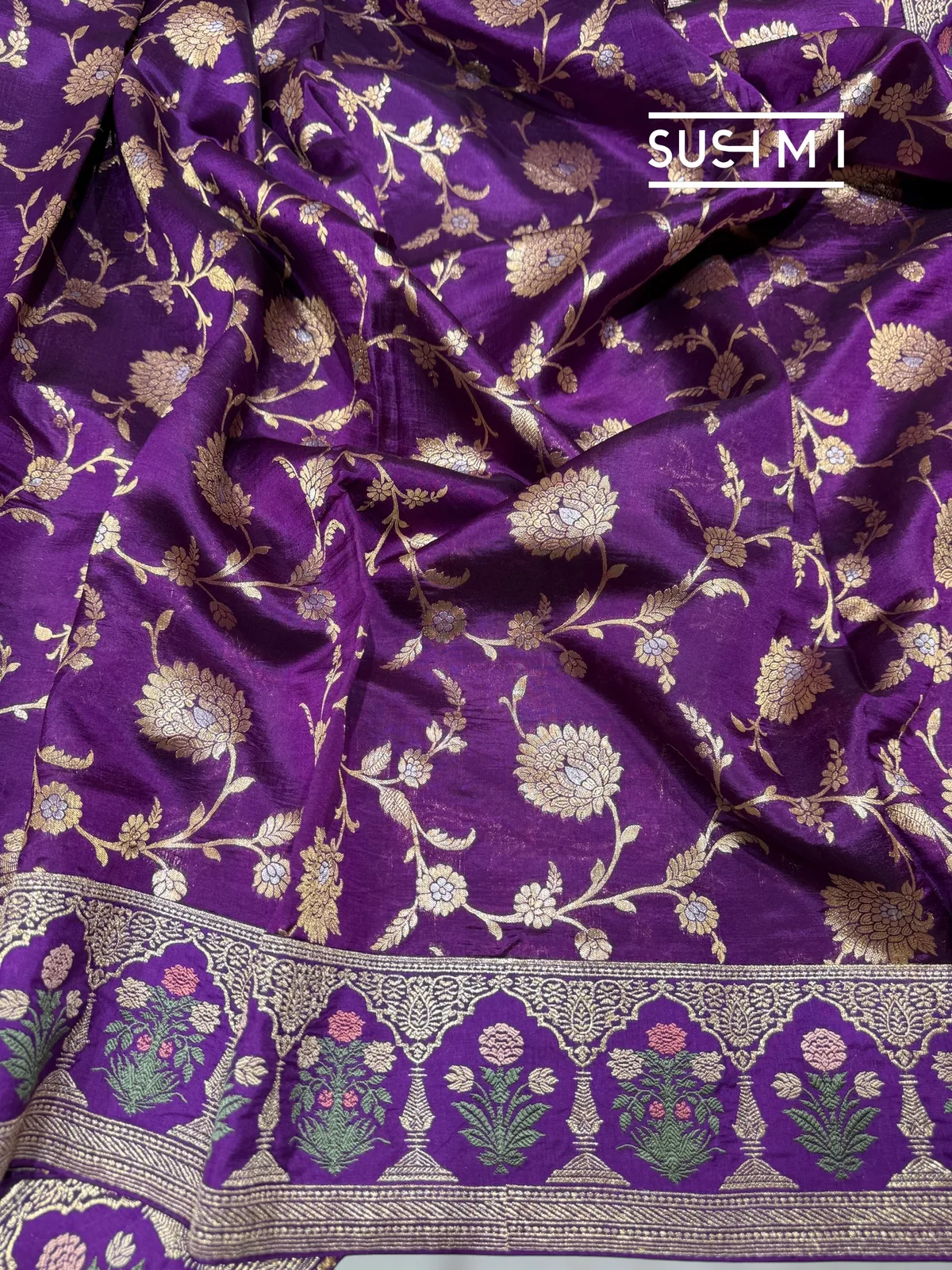 Purple Banarasi Silk Saree with sabyasachi borders — Image 6