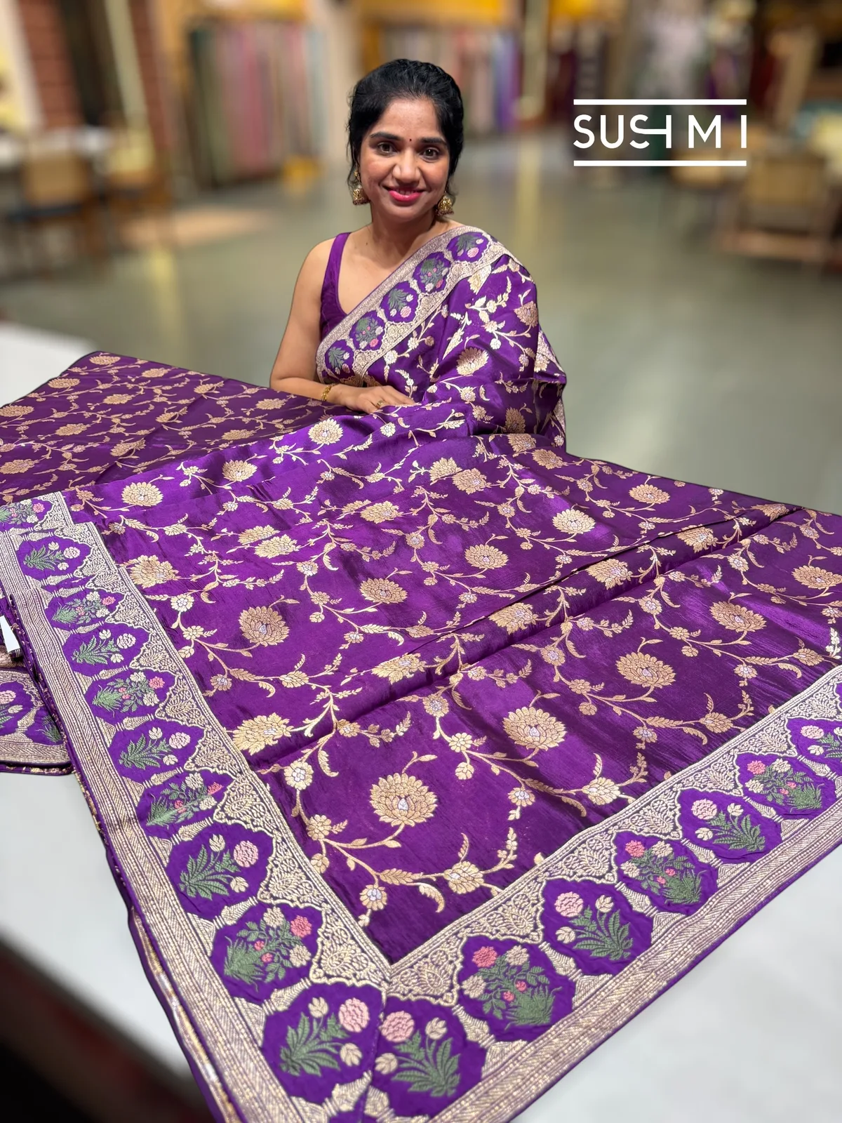 Purple Banarasi Silk Saree with sabyasachi borders — Image 2