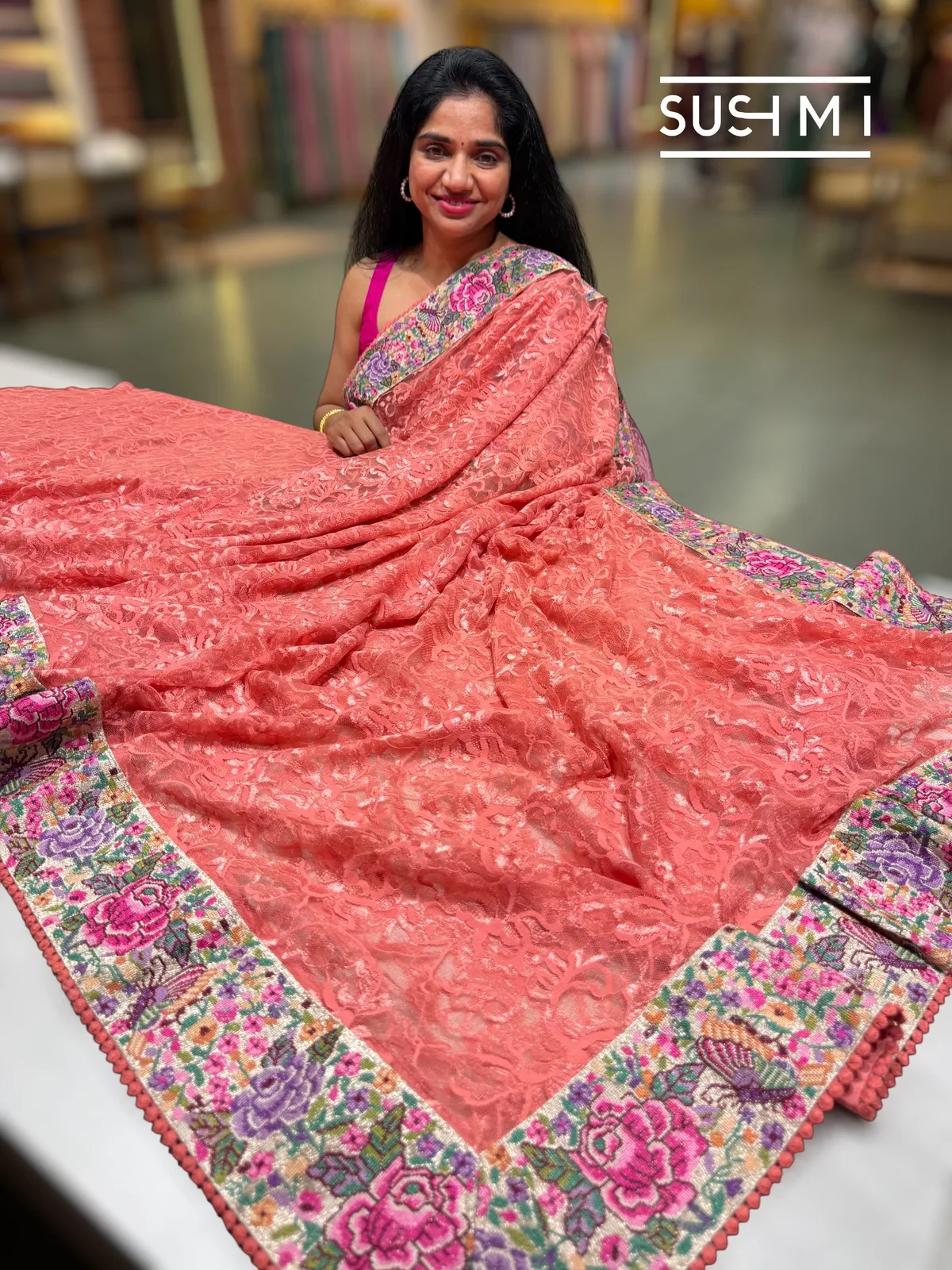 Coral Peach Chantilly Lace Saree with petite point embroidered border