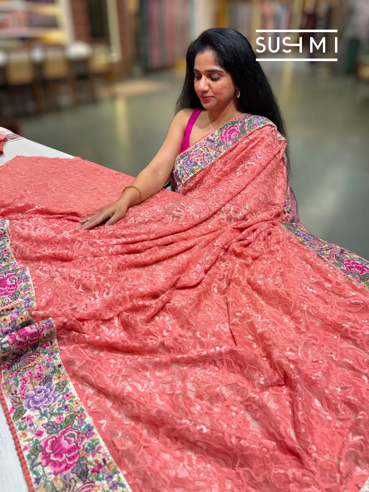 Coral Peach Chantilly Lace Saree with petite point embroidered border — Image 3