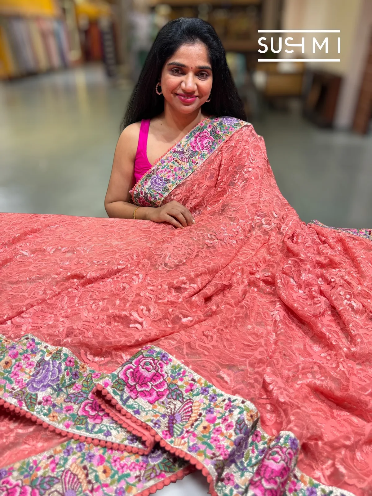 Coral Peach Chantilly Lace Saree with petite point embroidered border — Image 4
