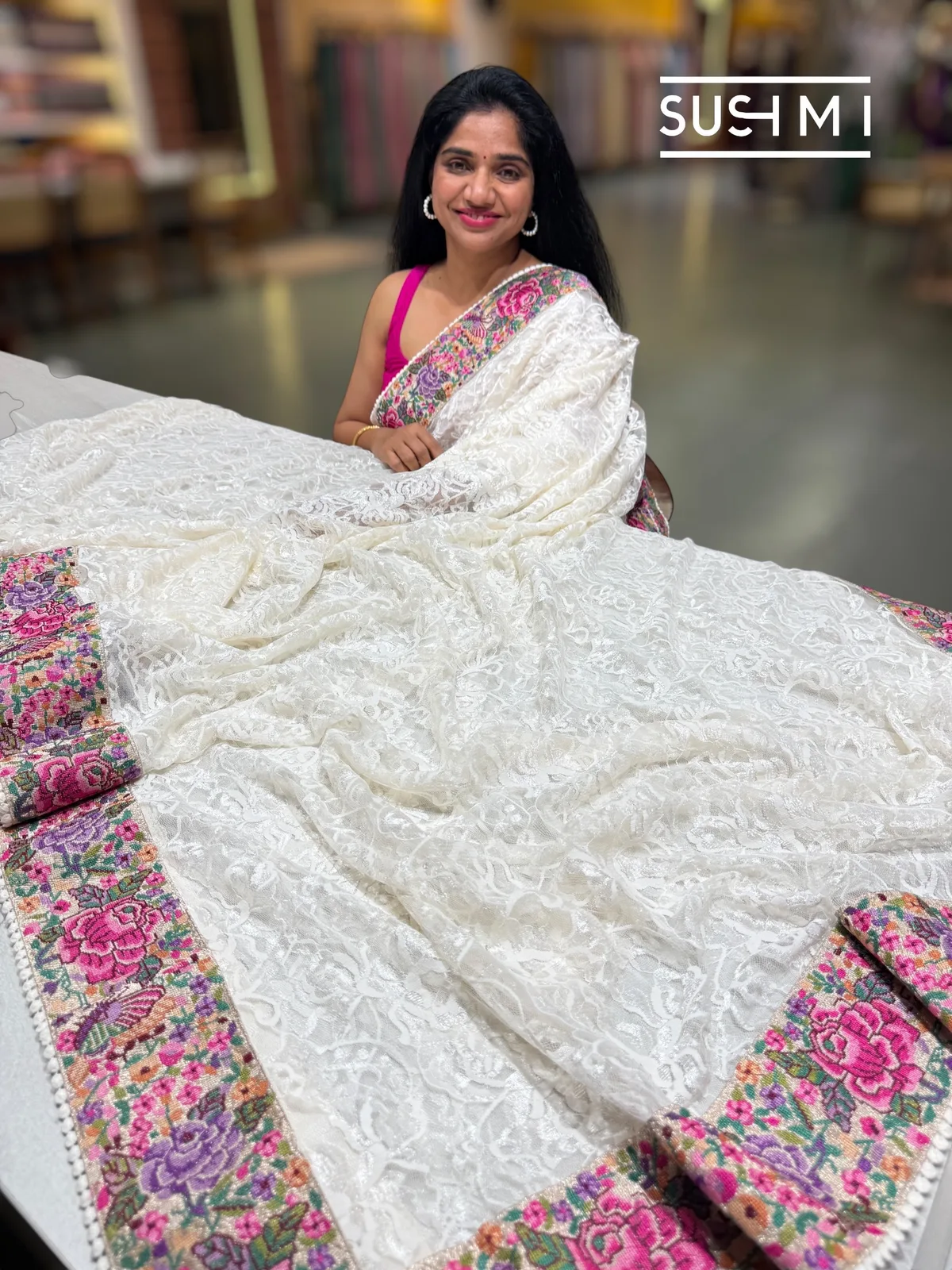 Ivory Chantilly Lace Saree with petite point embroidered border