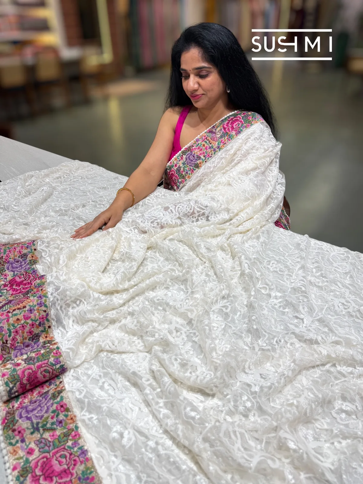Ivory Chantilly Lace Saree with petite point embroidered border  — Image 2