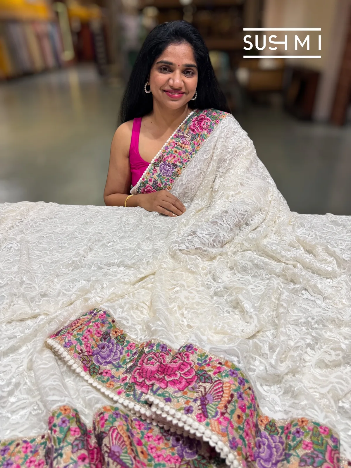 Ivory Chantilly Lace Saree with petite point embroidered border  — Image 3