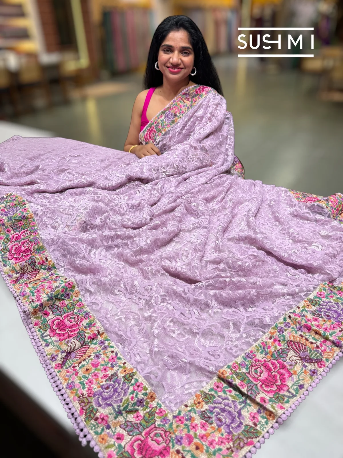 Lilac Chantilly Lace Saree with petite point embroidered border