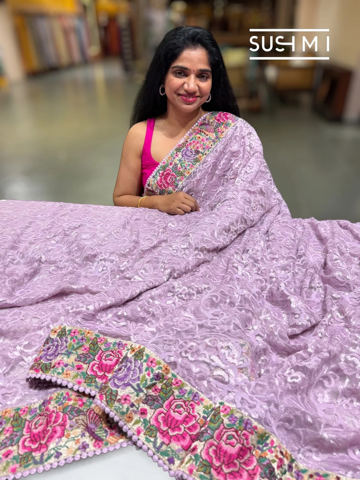 Lilac Chantilly Lace Saree with petite point embroidered border — Image 3