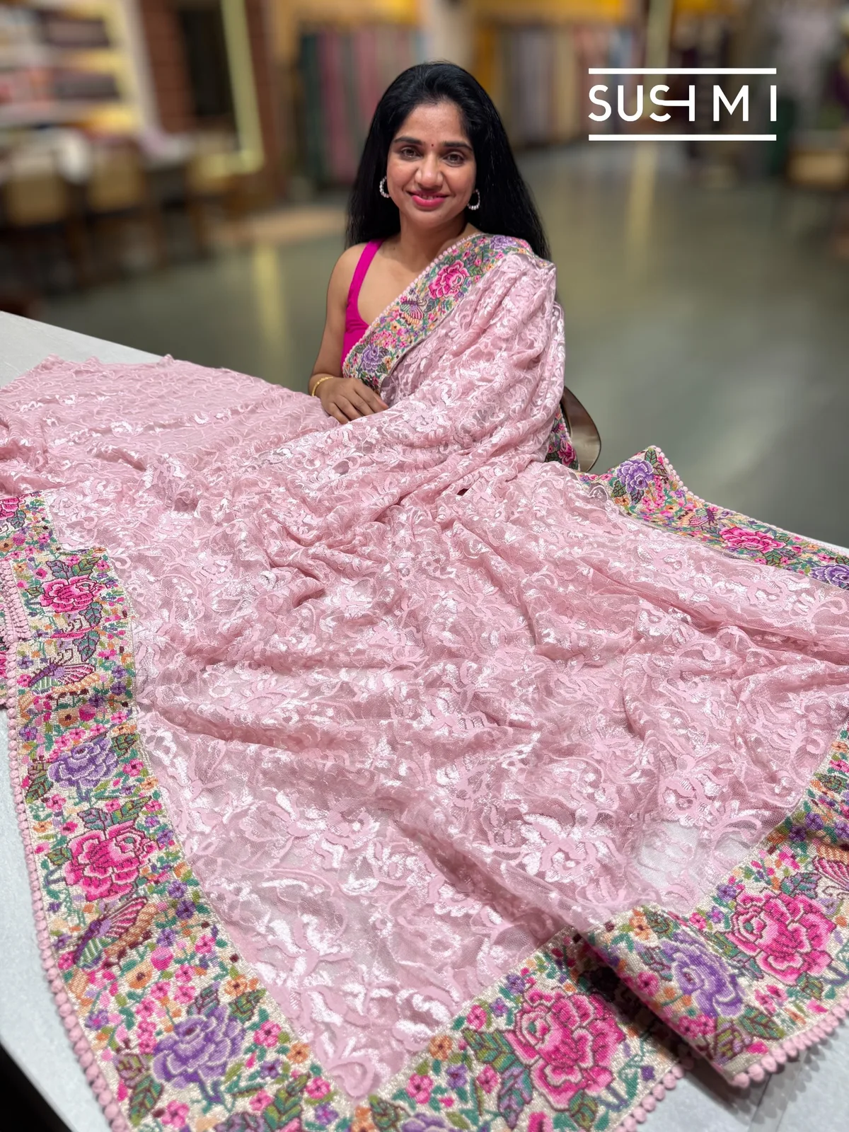 Pastel Pink Chantilly Lace Saree with petite point embroidered border