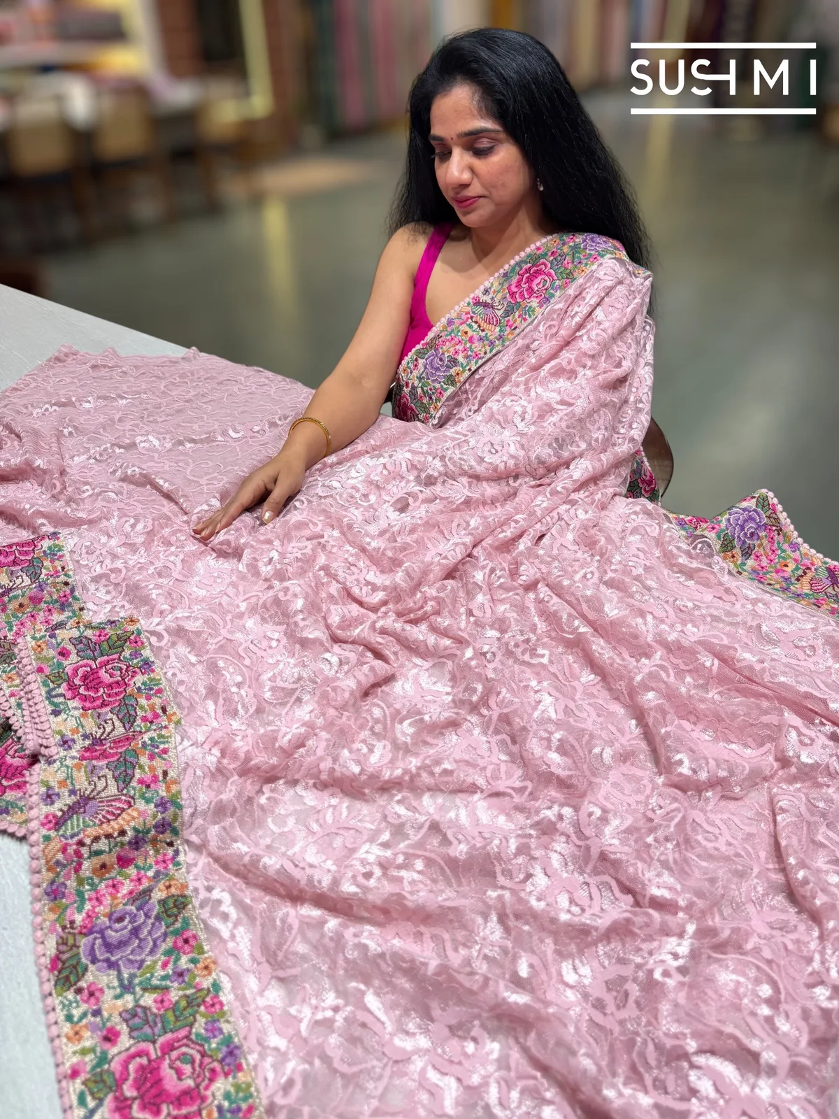Pastel Pink Chantilly Lace Saree with petite point embroidered border — Image 2