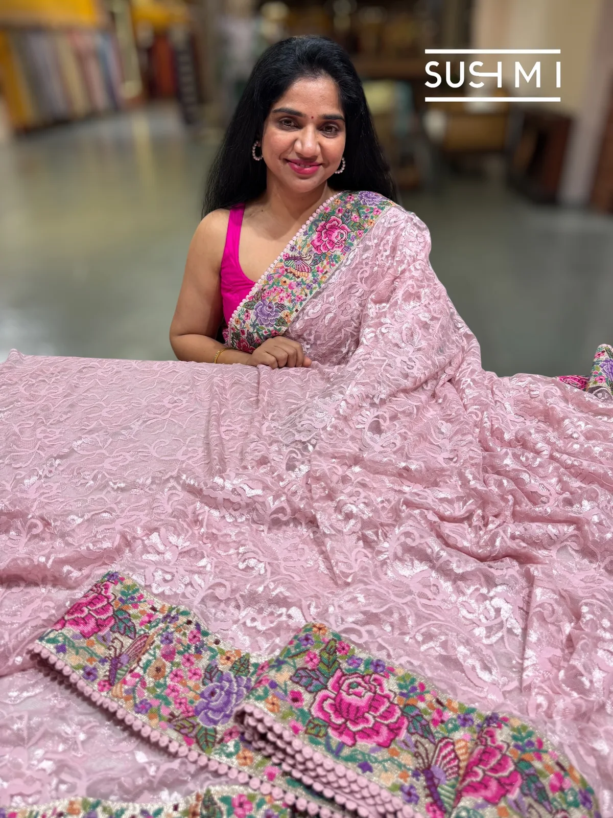 Pastel Pink Chantilly Lace Saree with petite point embroidered border — Image 3