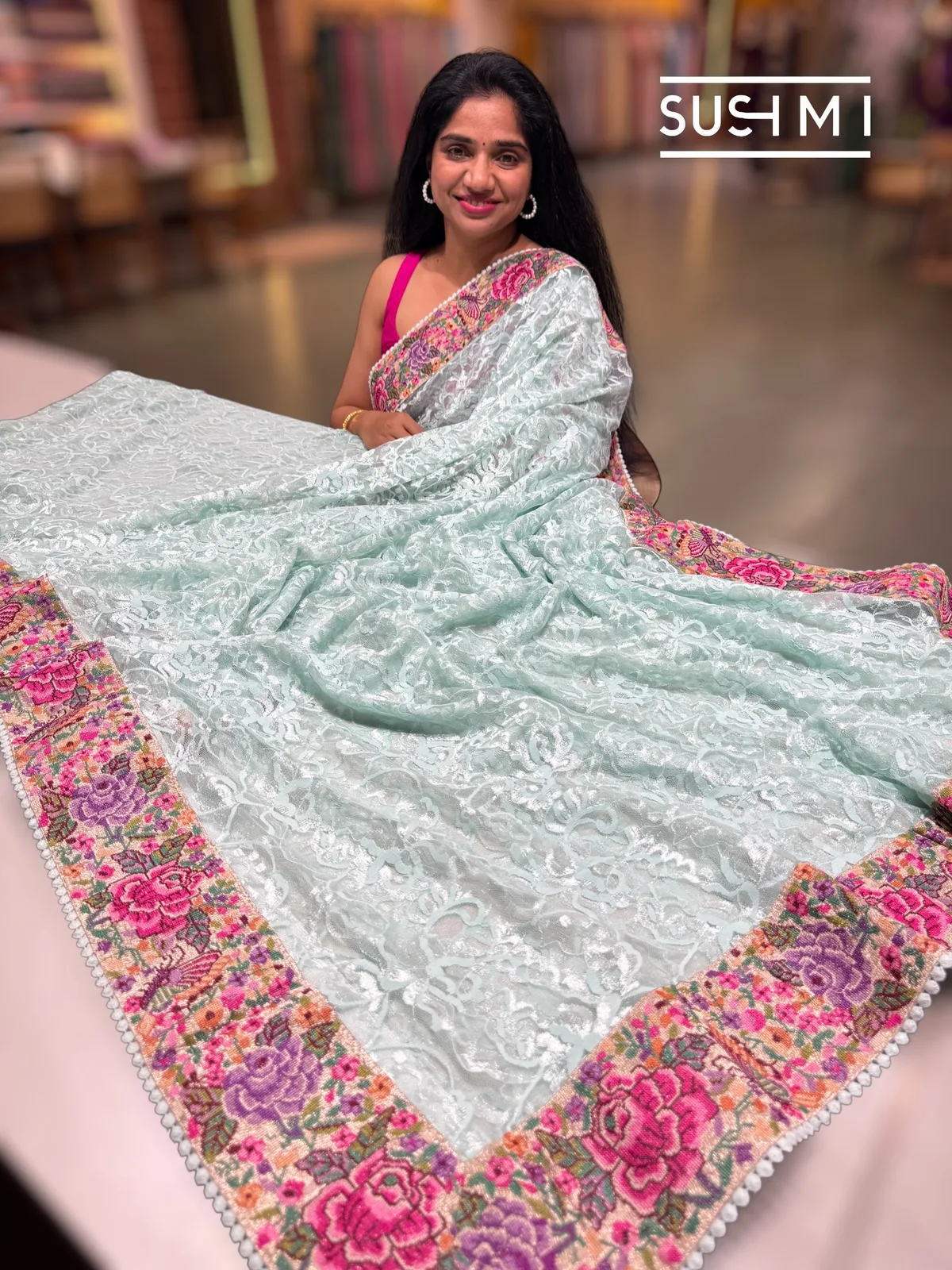 Powder Blue Chantilly Lace Saree with petite point embroidered border