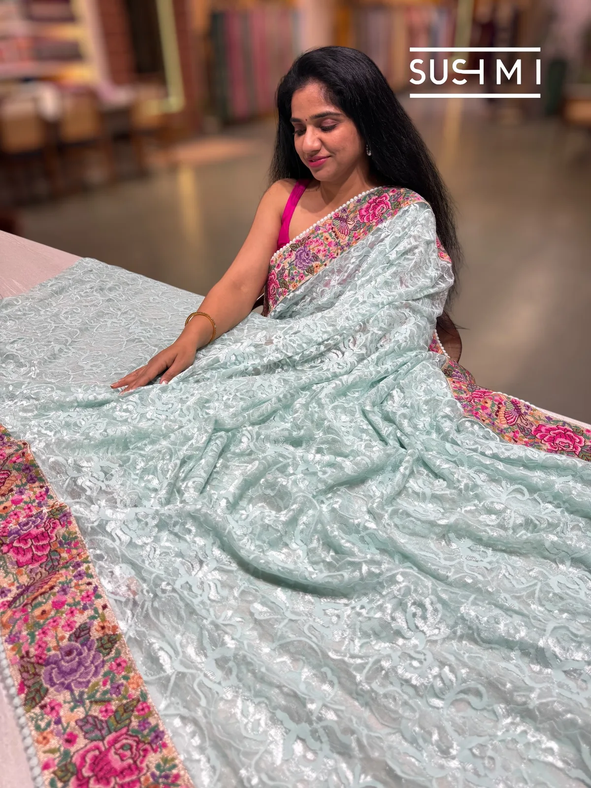 Powder Blue Chantilly Lace Saree with petite point embroidered border — Image 2