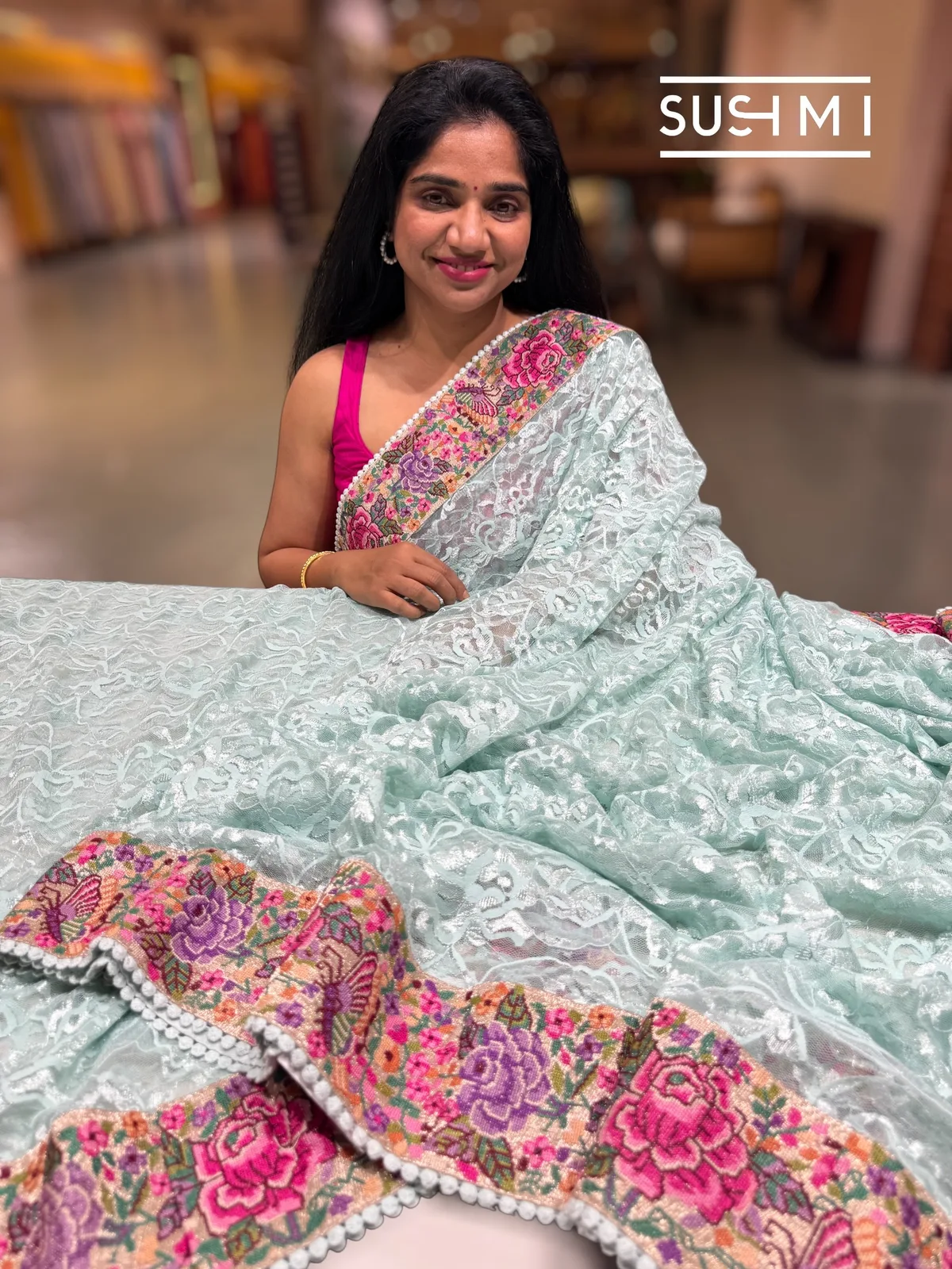 Powder Blue Chantilly Lace Saree with petite point embroidered border — Image 3