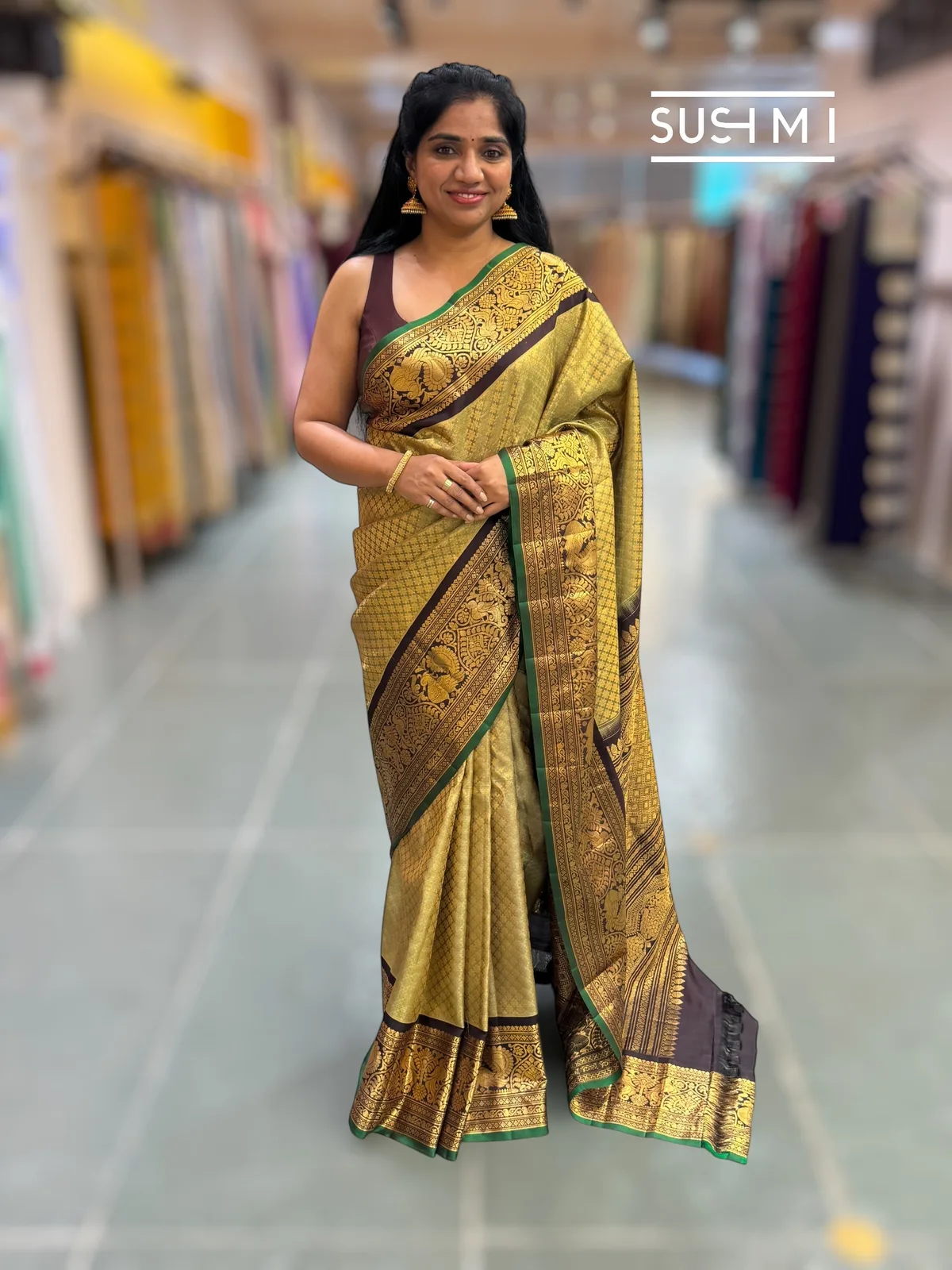 Pista and choclate brown combo Brocade Gadwal Saree with kanchi borders 