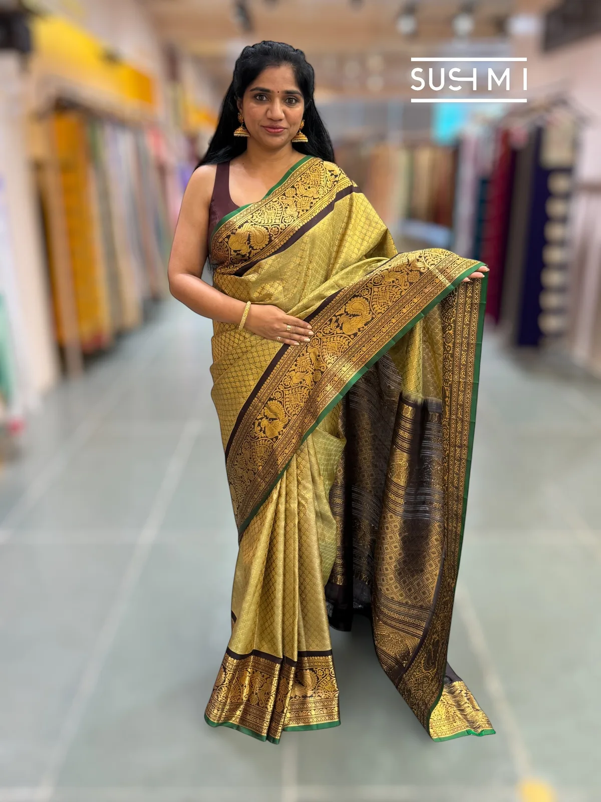 Pista and choclate brown combo Brocade Gadwal Saree with kanchi borders — Image 2