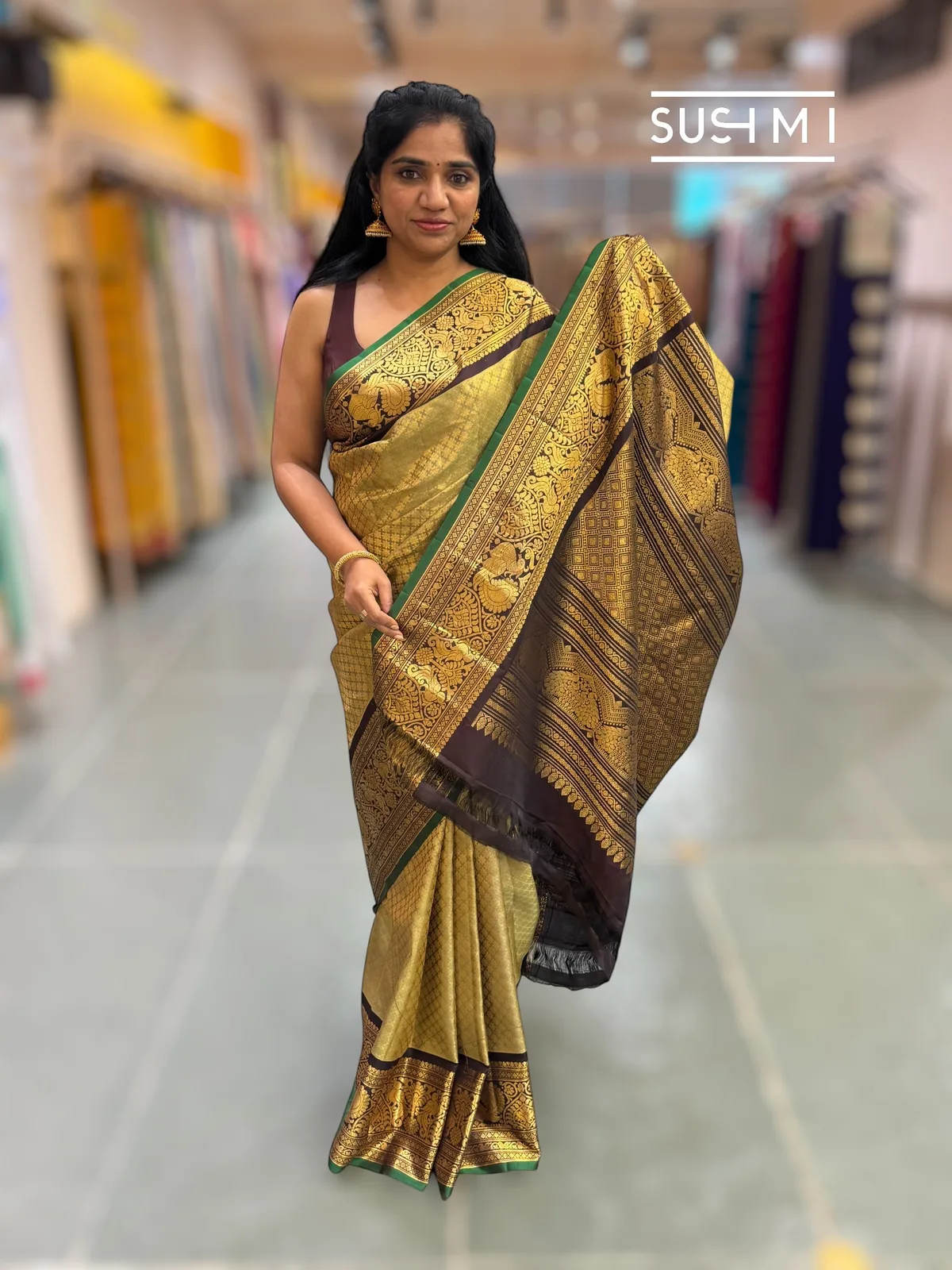 Pista and choclate brown combo Brocade Gadwal Saree with kanchi borders — Image 3