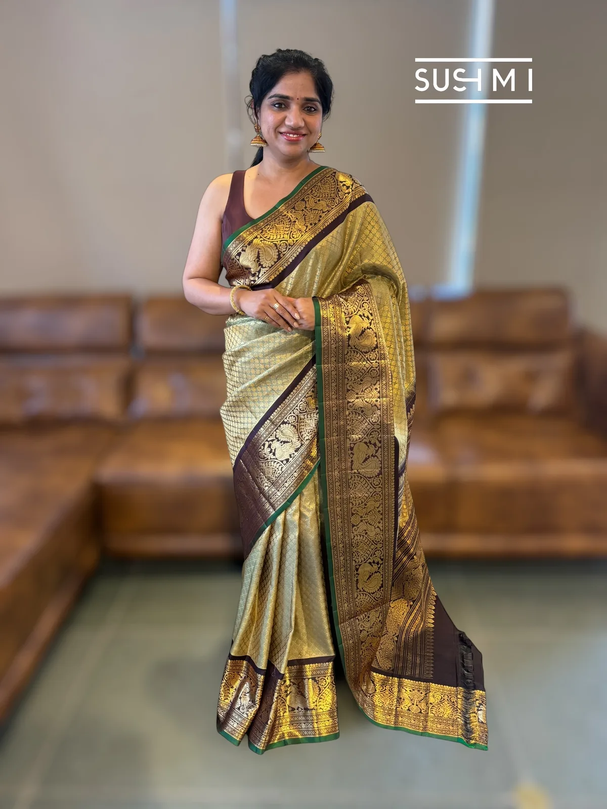 Pista and choclate brown combo Brocade Gadwal Saree with kanchi borders — Image 5