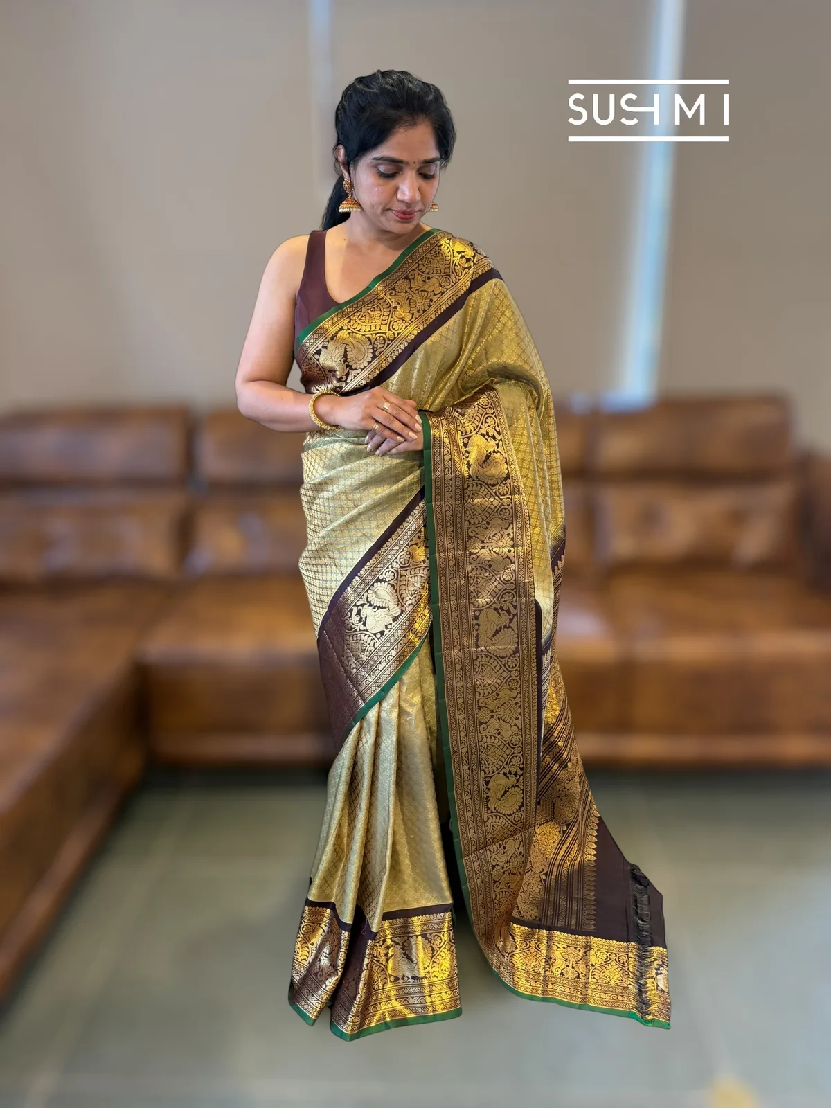 Pista and choclate brown combo Brocade Gadwal Saree with kanchi borders — Image 6