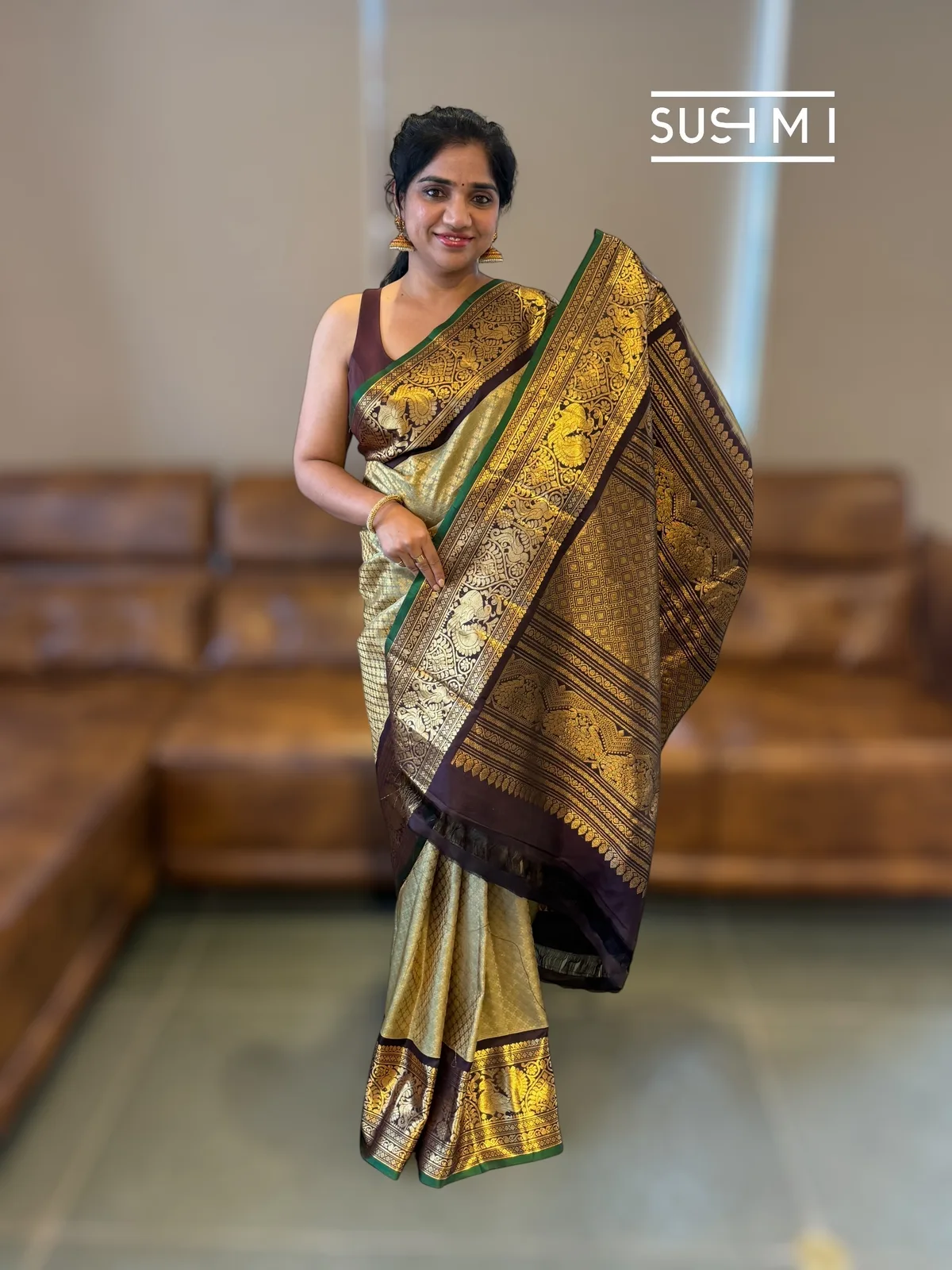 Pista and choclate brown combo Brocade Gadwal Saree with kanchi borders — Image 8