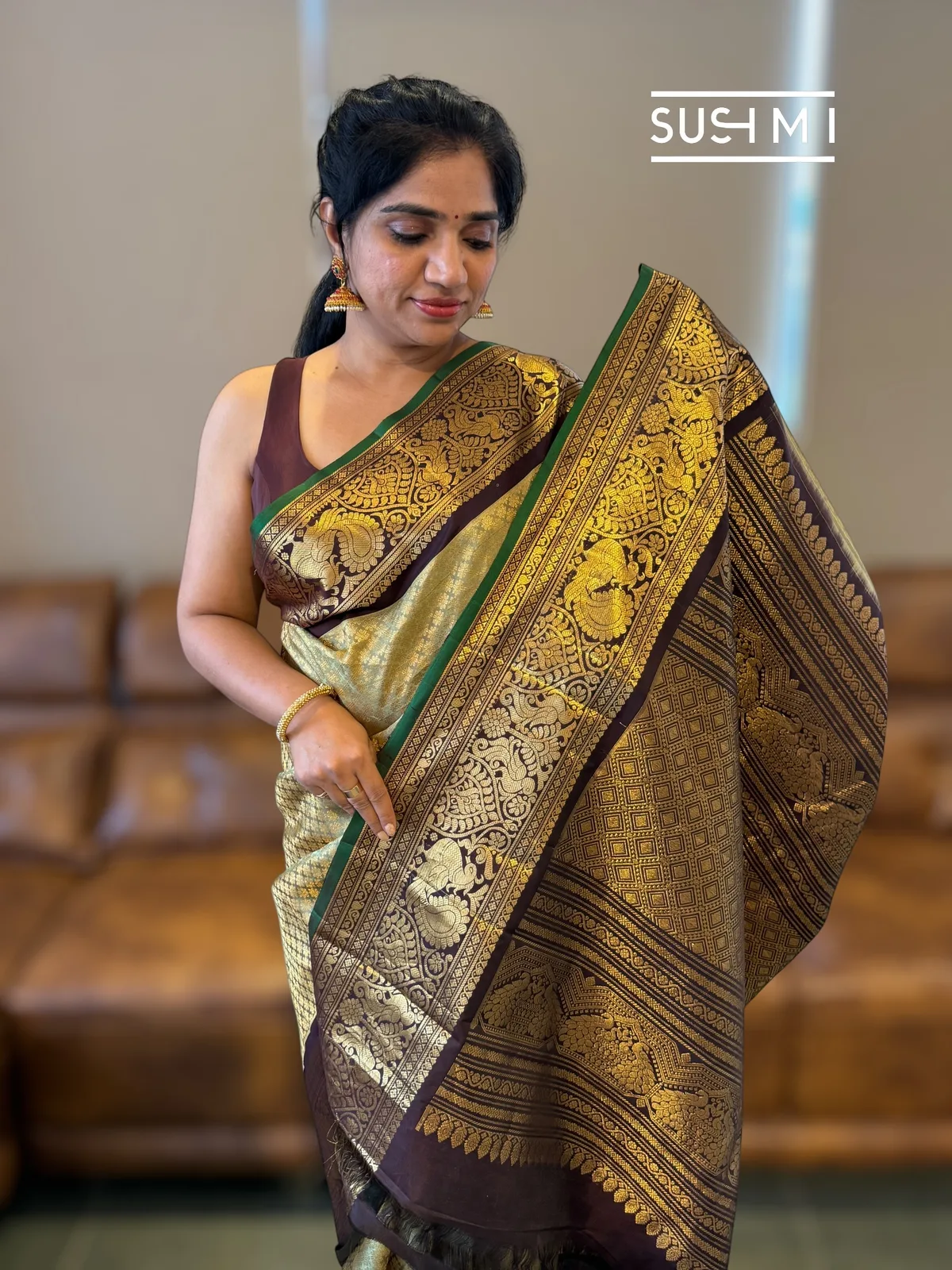 Pista and choclate brown combo Brocade Gadwal Saree with kanchi borders — Image 9