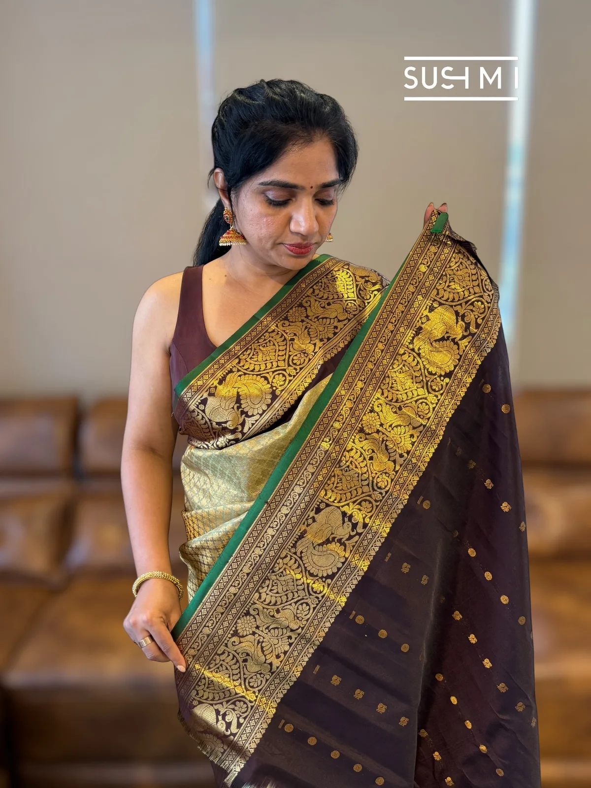 Pista and choclate brown combo Brocade Gadwal Saree with kanchi borders — Image 10