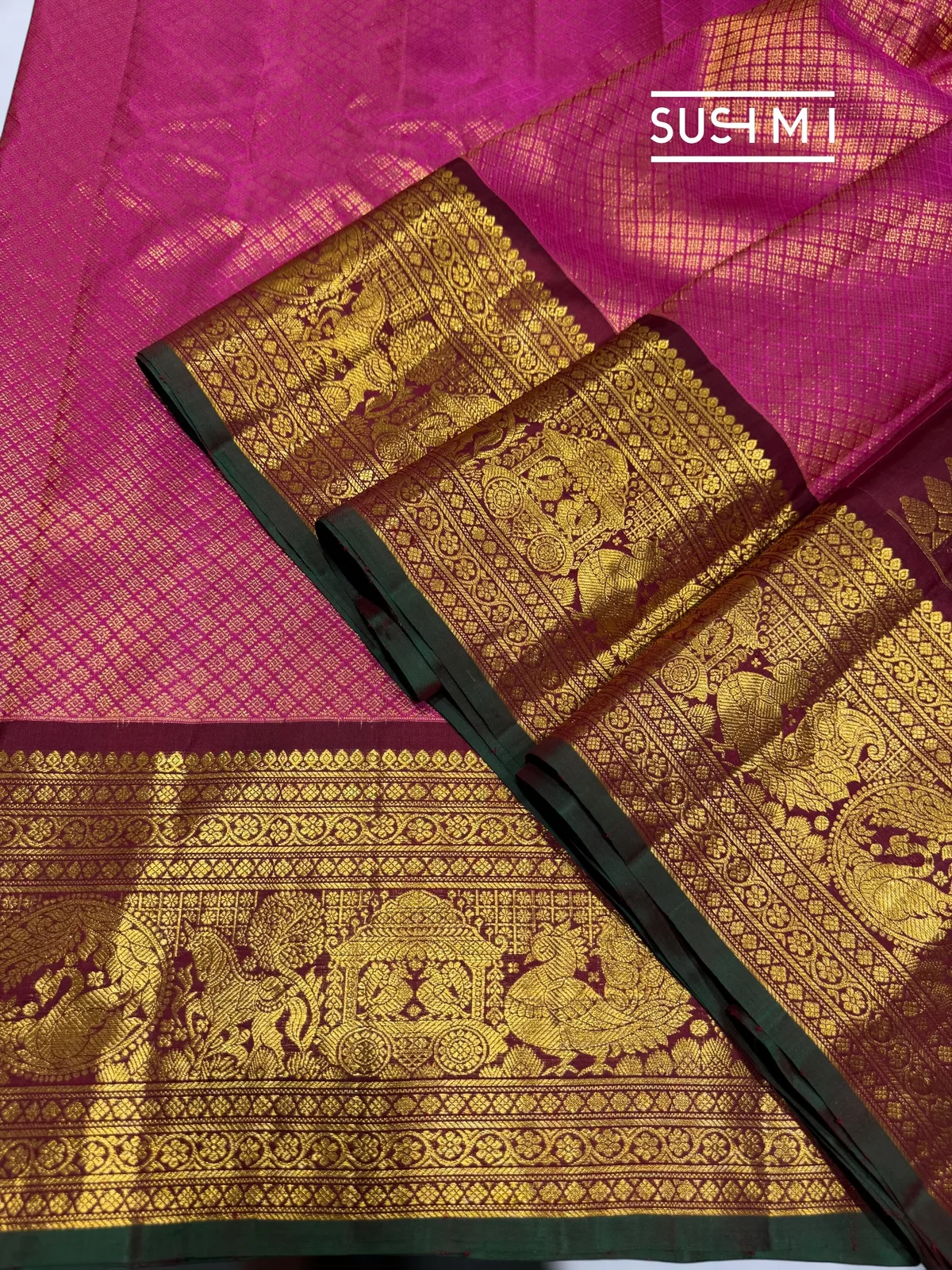 Rani Pink Brocade Gadwal Saree eith kanchi borders — Image 5