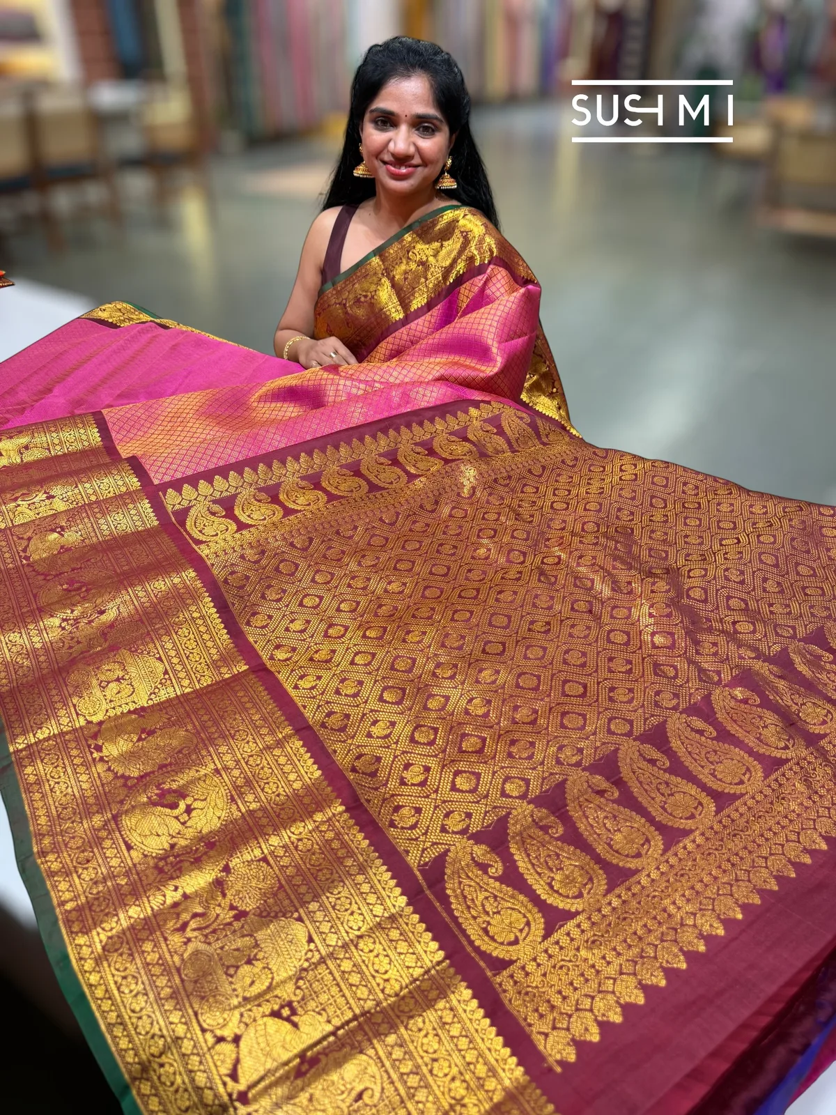 Rani Pink Brocade Gadwal Saree eith kanchi borders — Image 6
