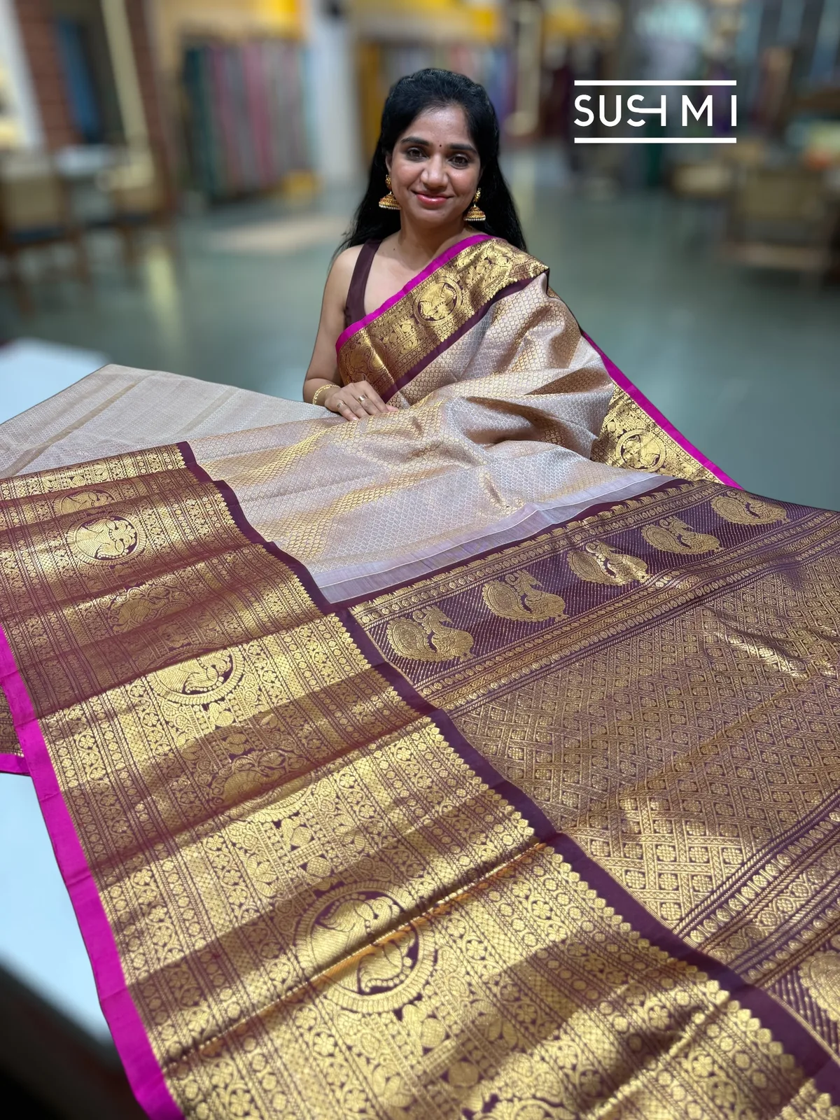 Nude Pink Gadwal Brocade Saree with kanchi borders