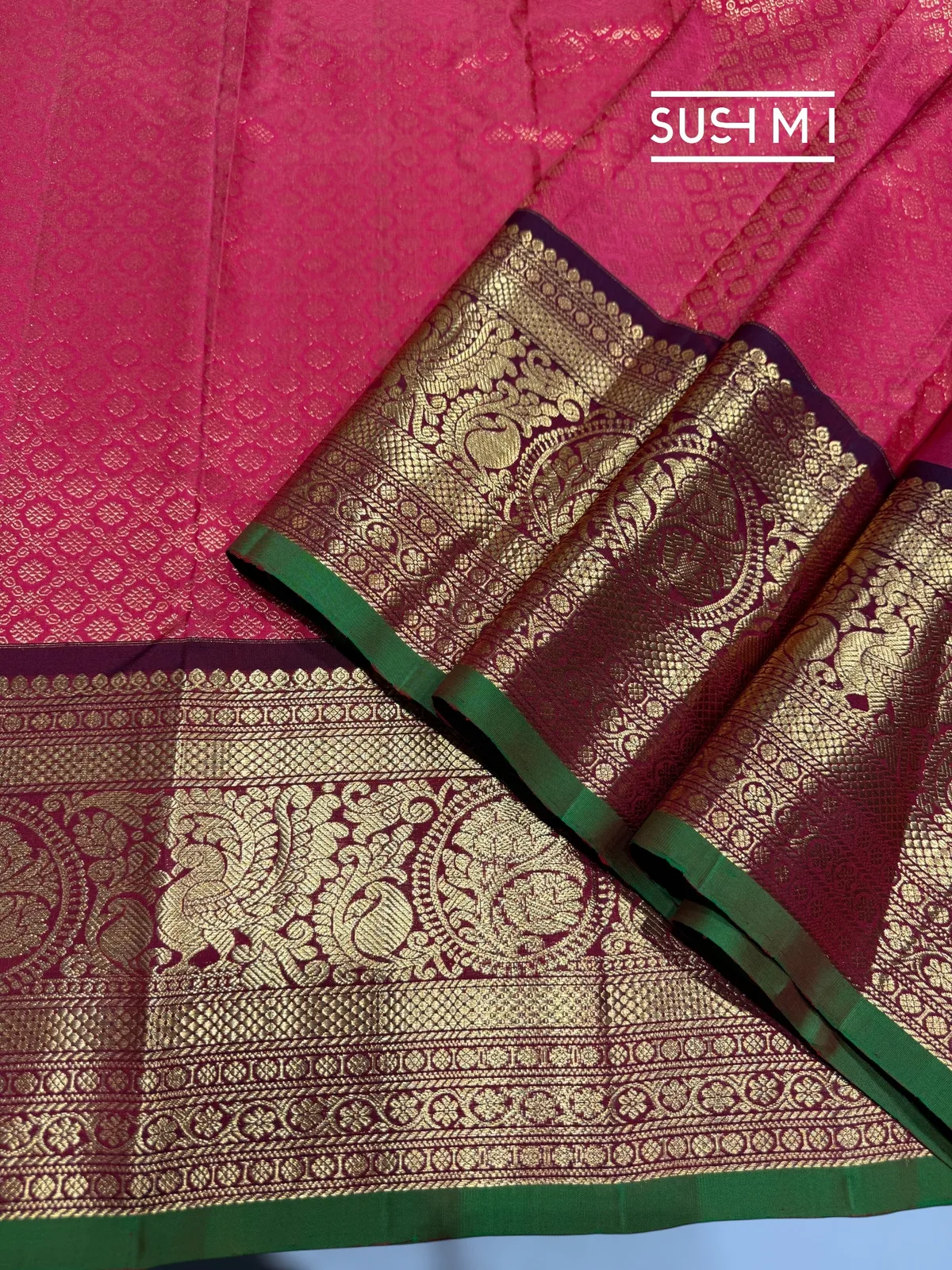 Reddish Pink Gadwal Brocade Saree with kanchi borders — Image 6