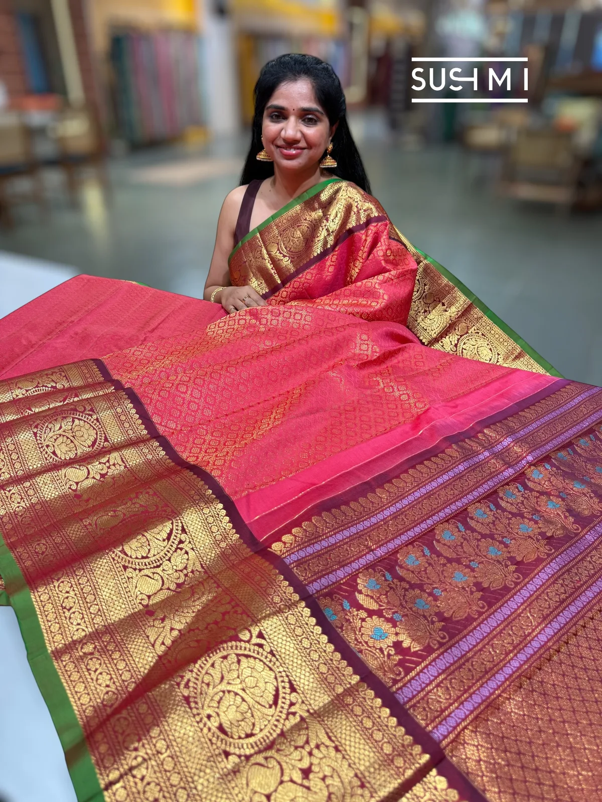 Reddish Pink Gadwal Brocade Saree with kanchi borders