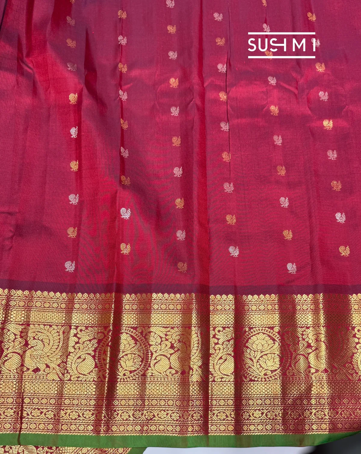 Reddish Pink Gadwal Brocade Saree with kanchi borders — Image 7