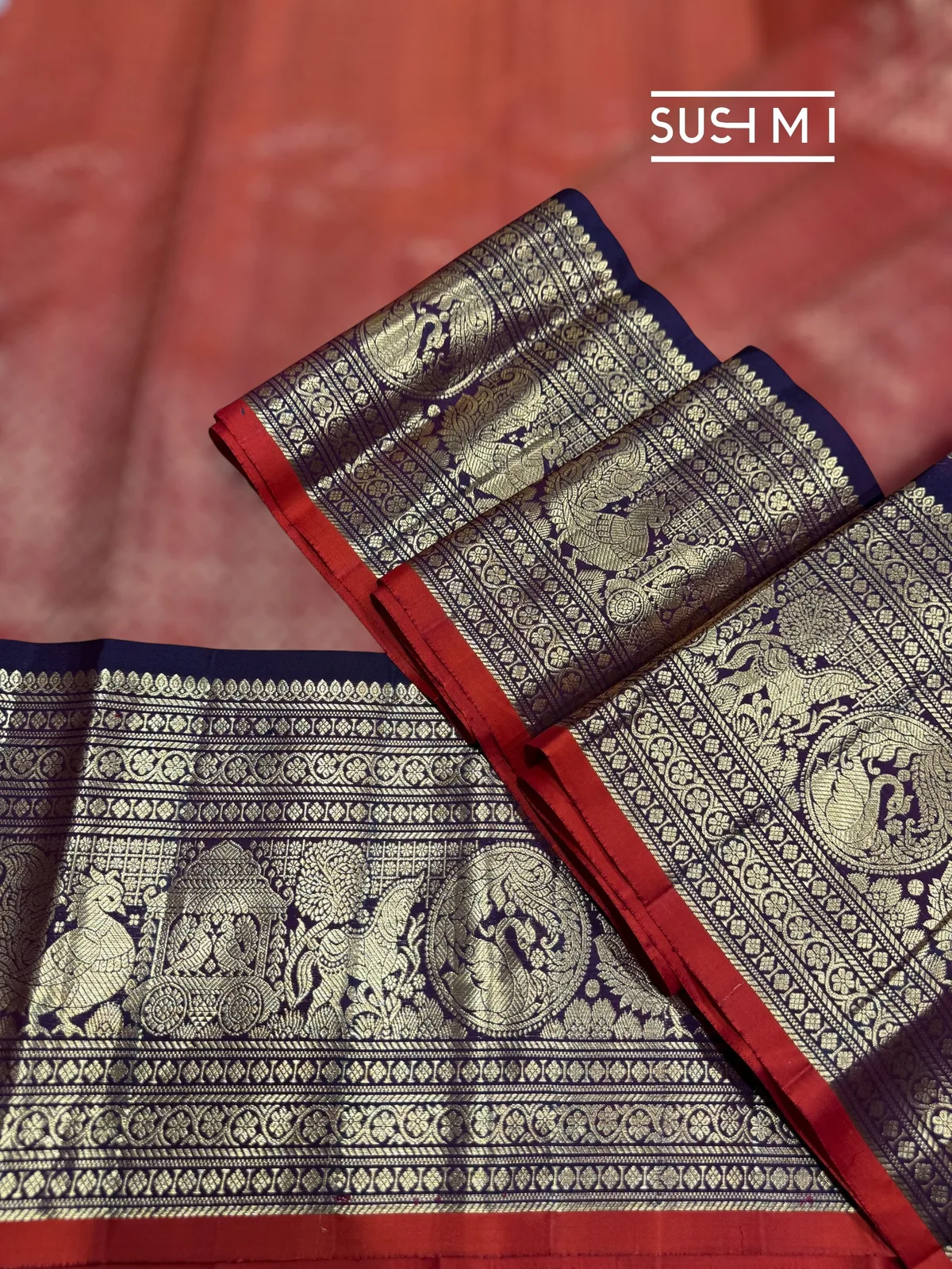 Rust Orange Gadwal Brocade saree kanchi borders — Image 6
