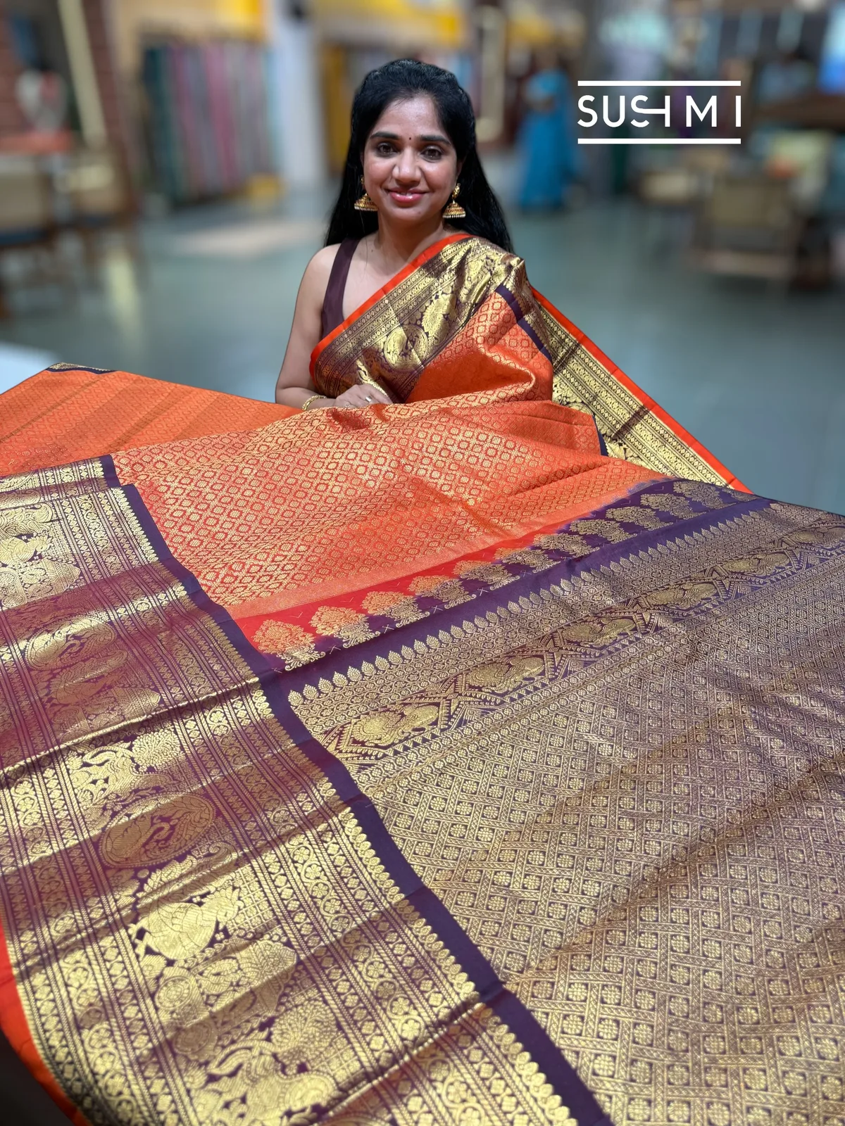 Rust Orange Gadwal Brocade saree kanchi borders