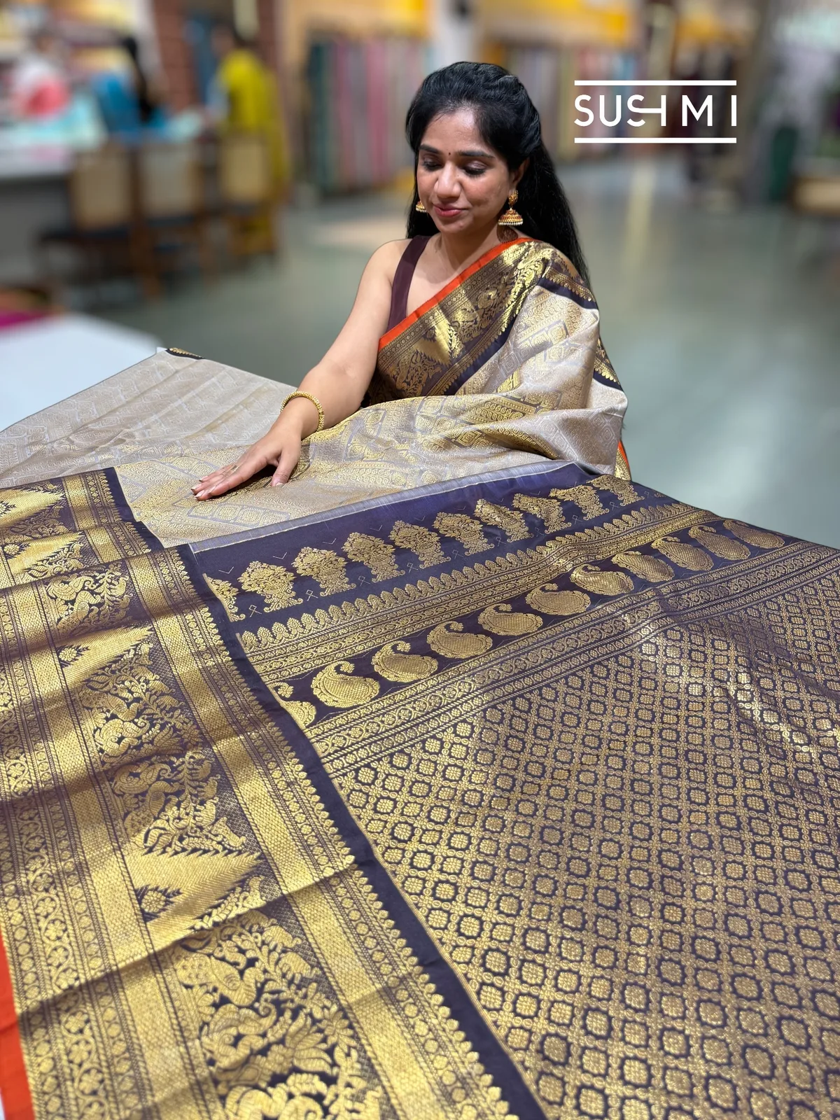 Dusty Grey Gadwal Brocade Saree with kanchi borders — Image 3