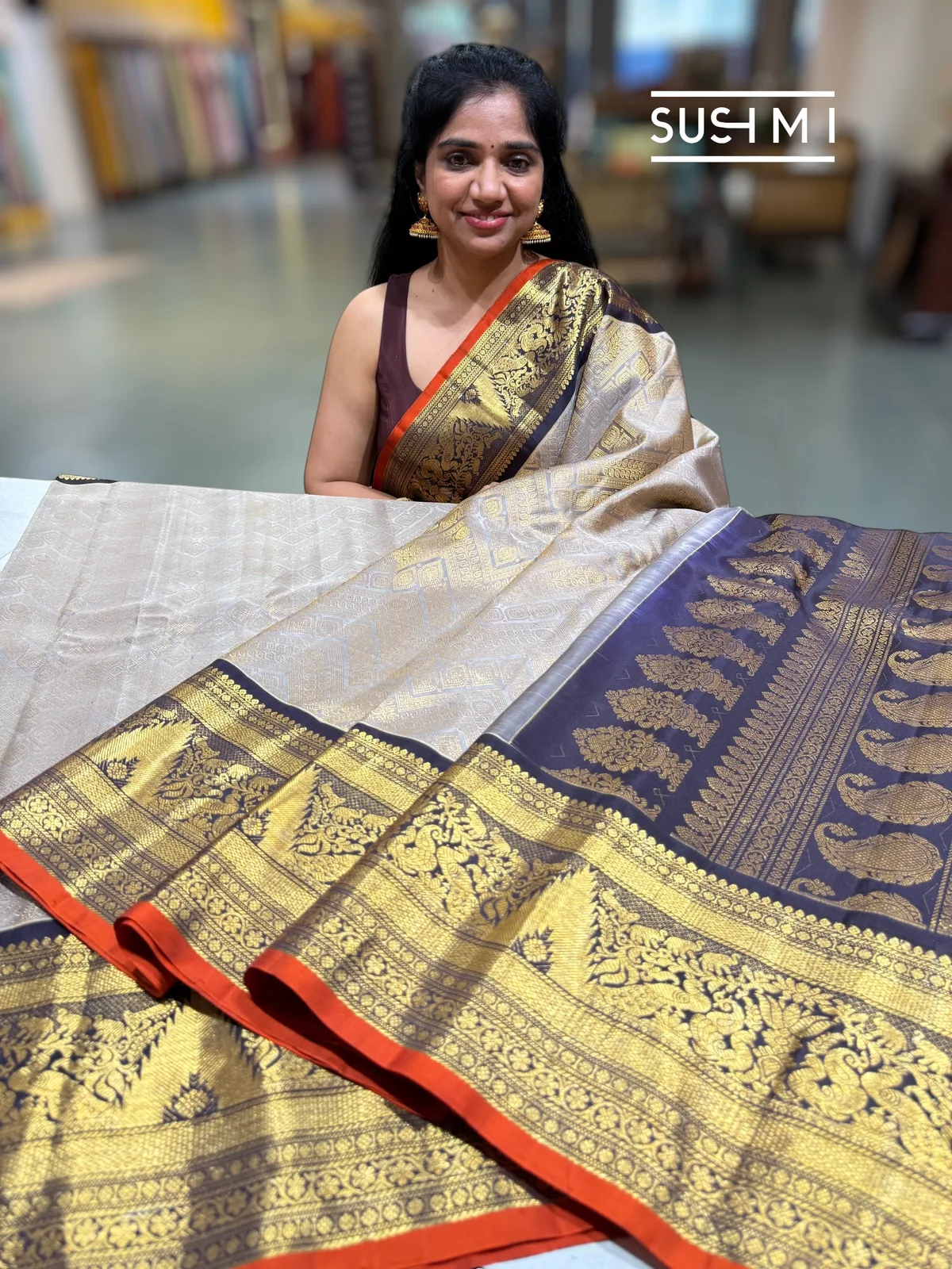 Dusty Grey Gadwal Brocade Saree with kanchi borders — Image 4