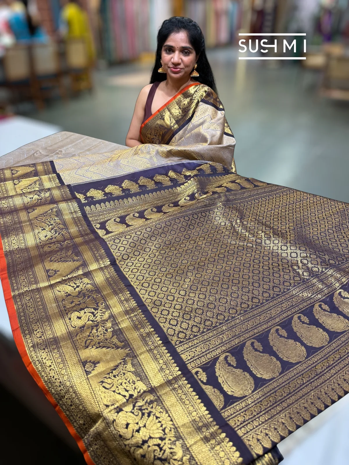 Dusty Grey Gadwal Brocade Saree with kanchi borders — Image 5