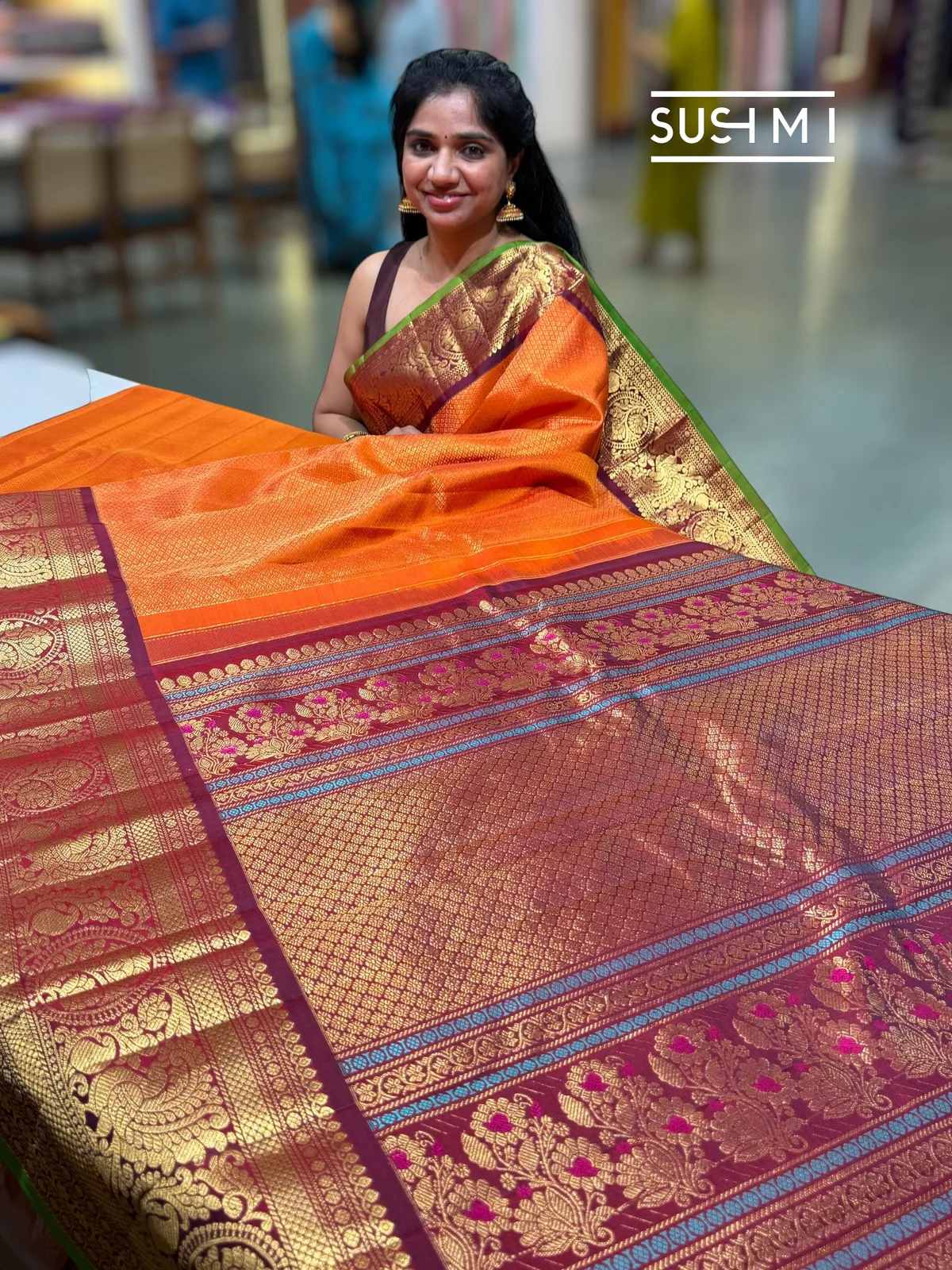 Orange Gadwal Brocade Saree with kanchi borders  — Image 2