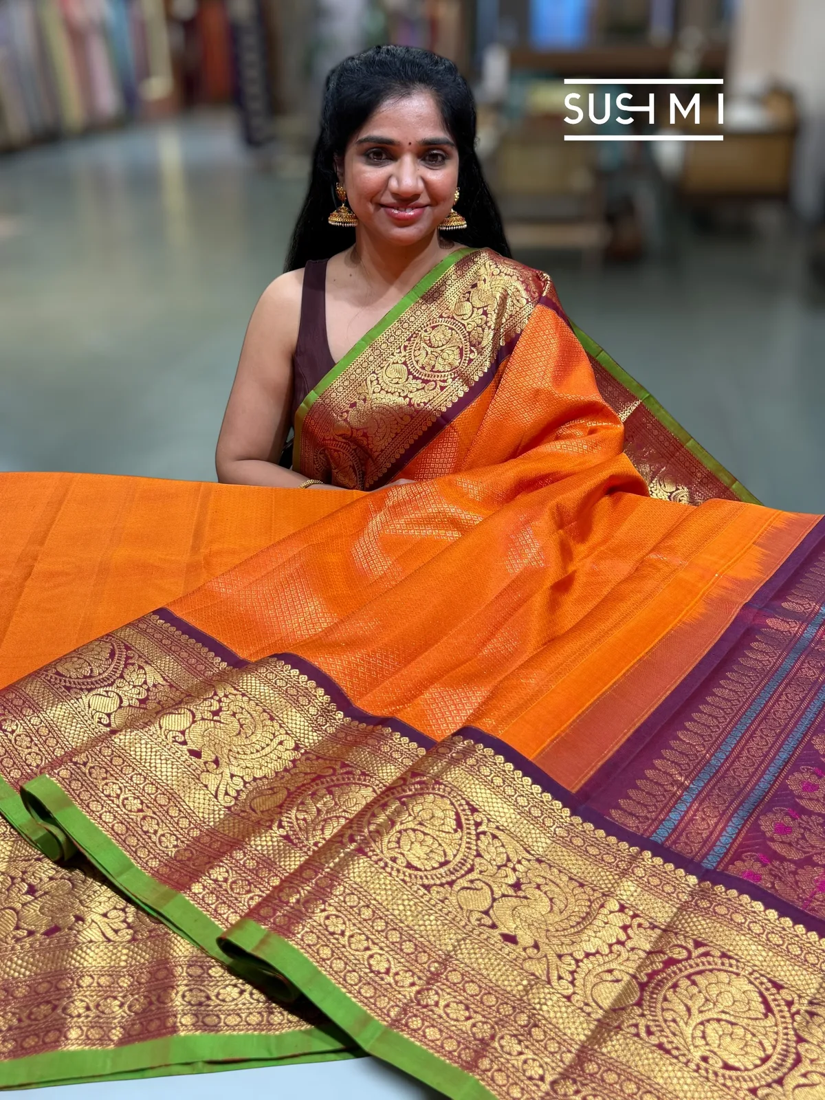 Orange Gadwal Brocade Saree with kanchi borders  — Image 4