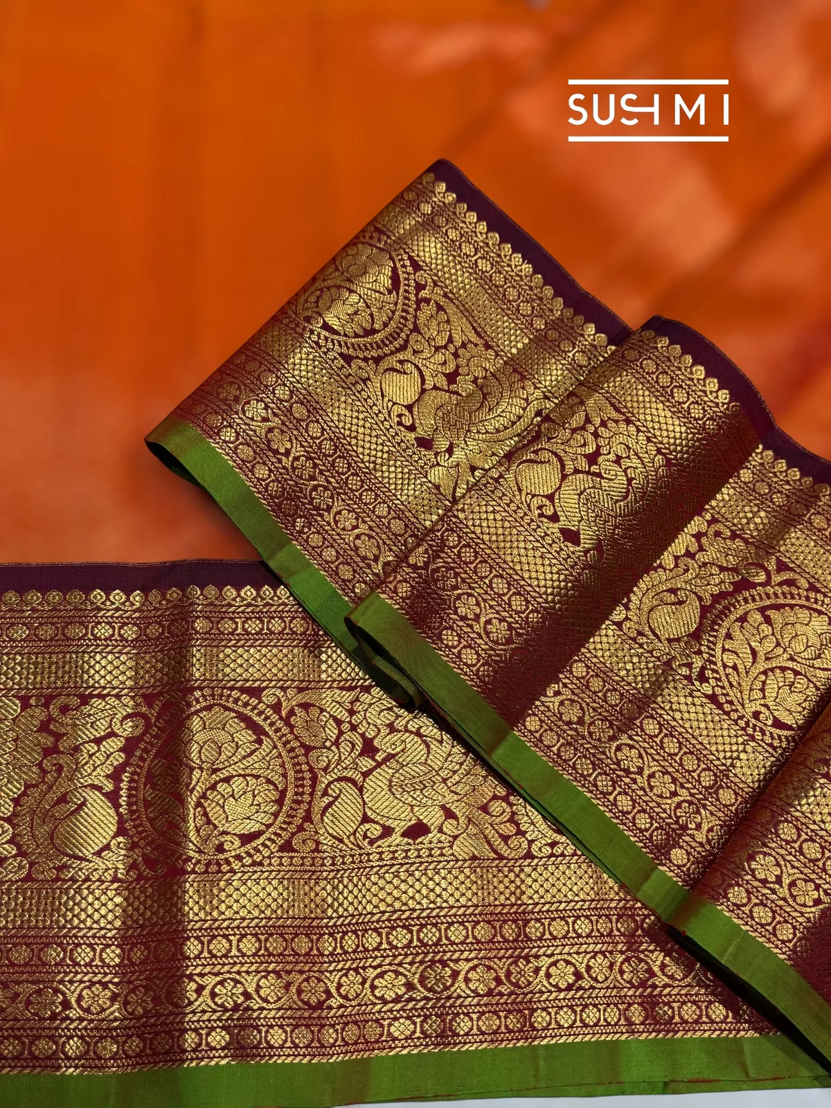 Orange Gadwal Brocade Saree with kanchi borders  — Image 5
