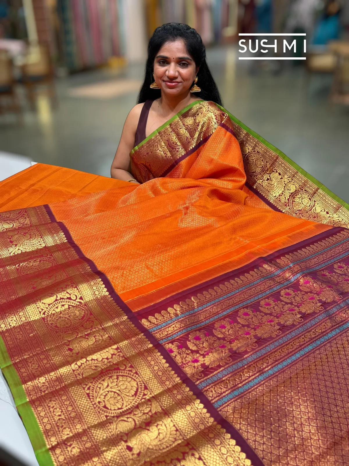 Orange Gadwal Brocade Saree with kanchi borders 