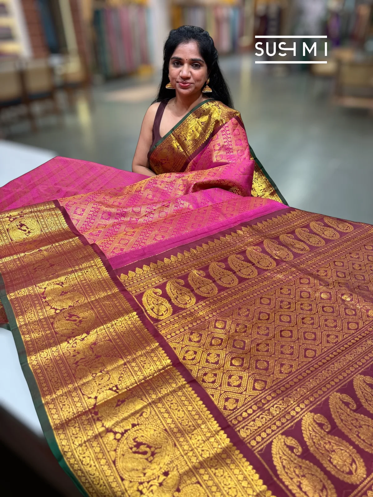 Rani Pink Gadwal Brocade Saree with kanchi borders 