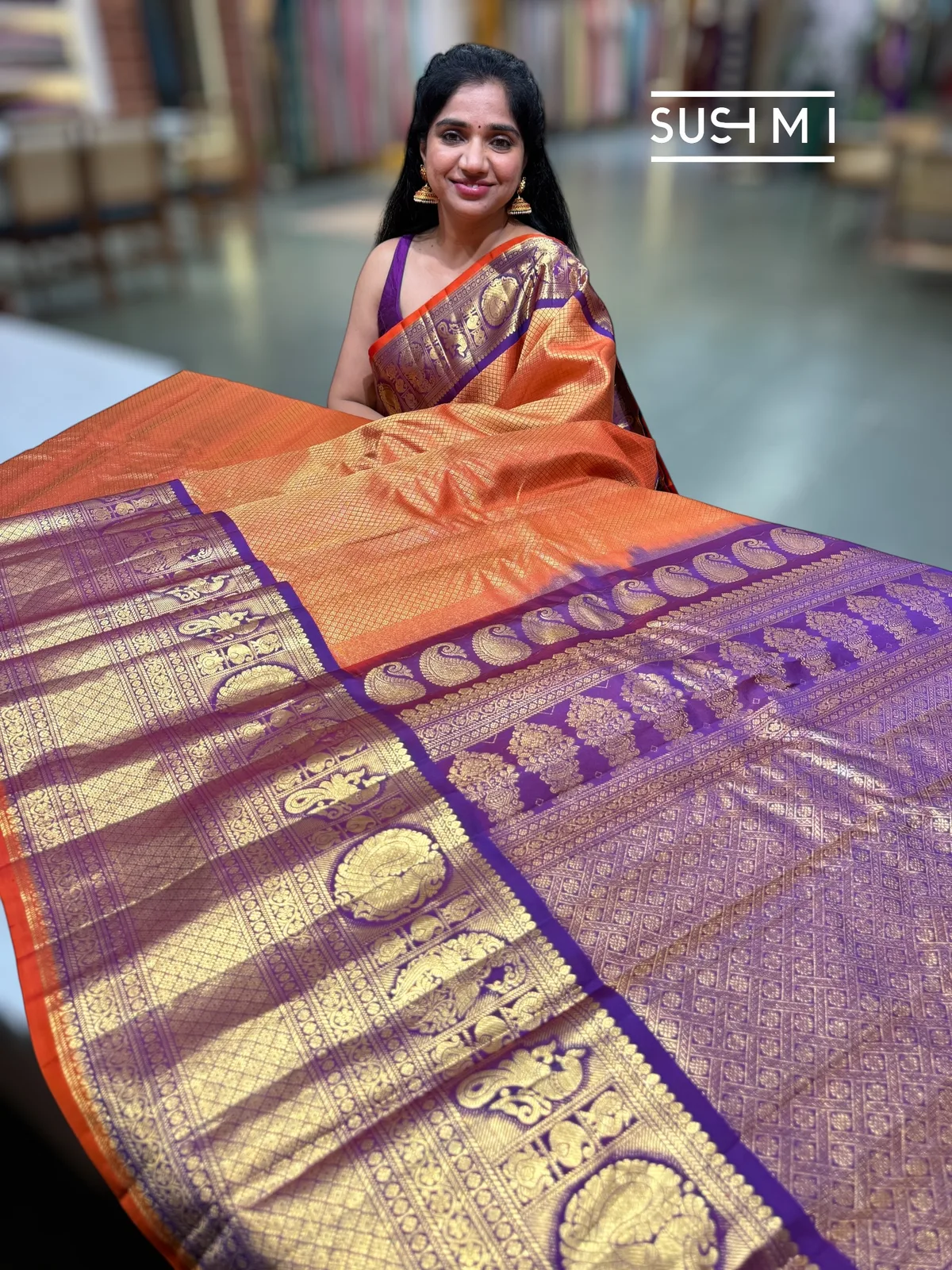 Orange and purple combo gadwal brocade saree