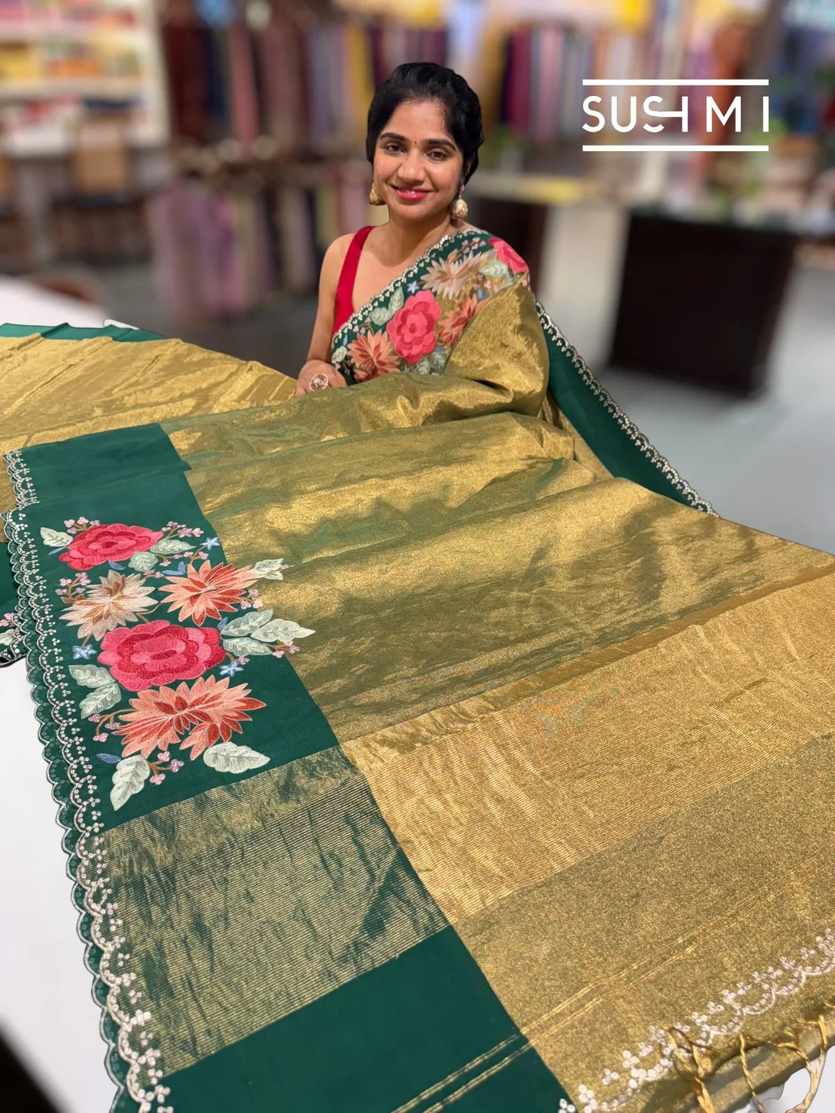 Antique Green Chanderi Tissue Saree with embroidery
