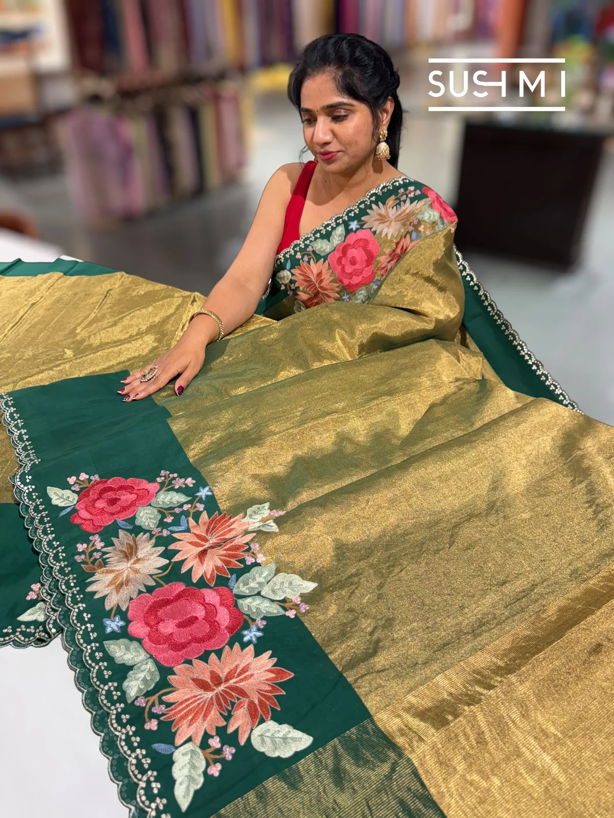 Antique Green Chanderi Tissue Saree with embroidery — Image 2
