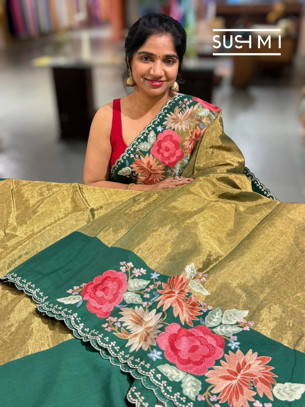 Antique Green Chanderi Tissue Saree with embroidery — Image 3