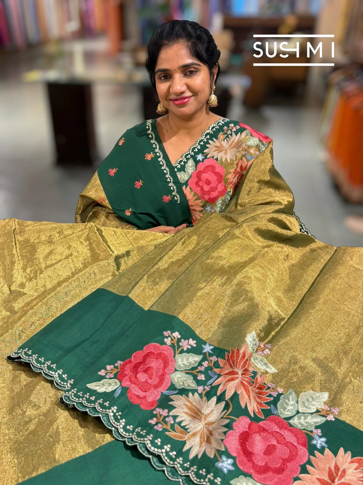 Antique Green Chanderi Tissue Saree with embroidery — Image 4
