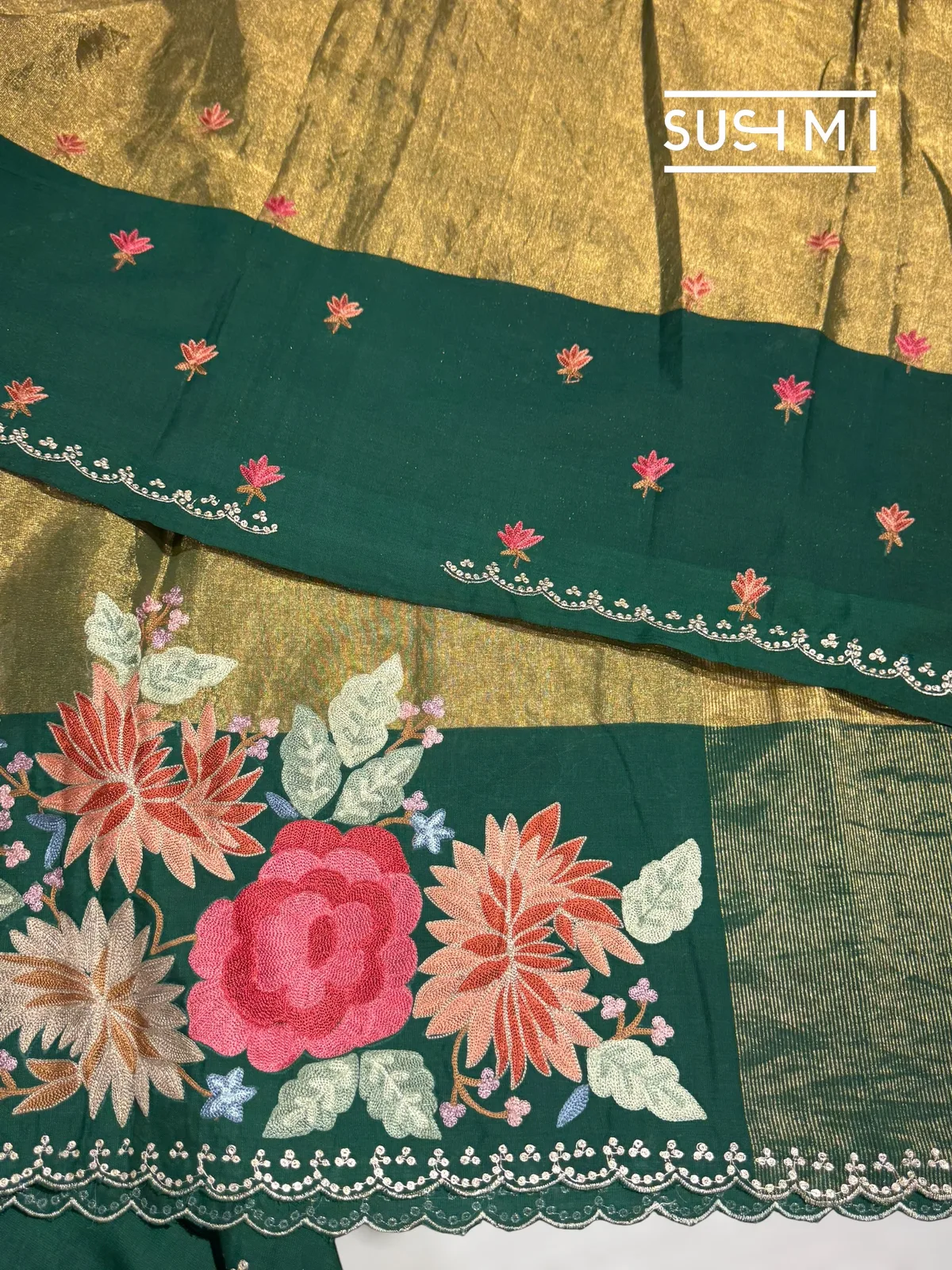 Antique Green Chanderi Tissue Saree with embroidery — Image 5