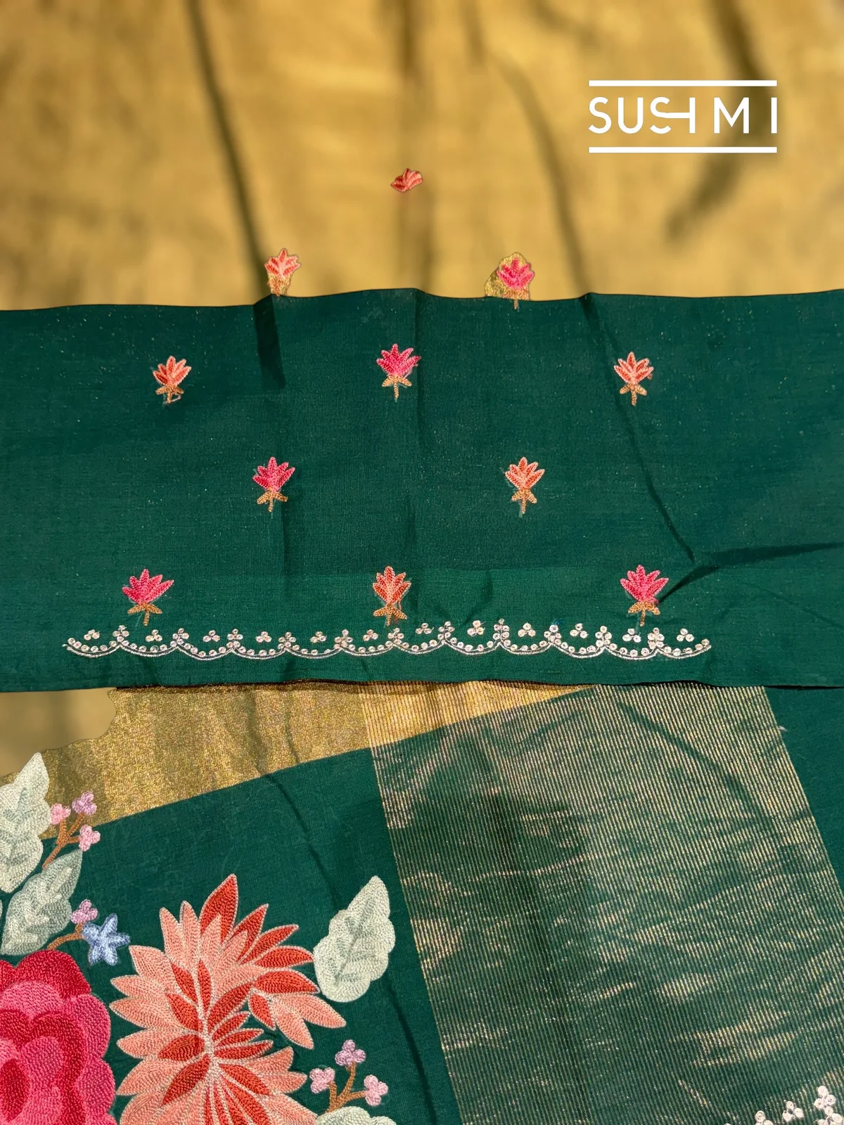 Antique Green Chanderi Tissue Saree with embroidery — Image 6