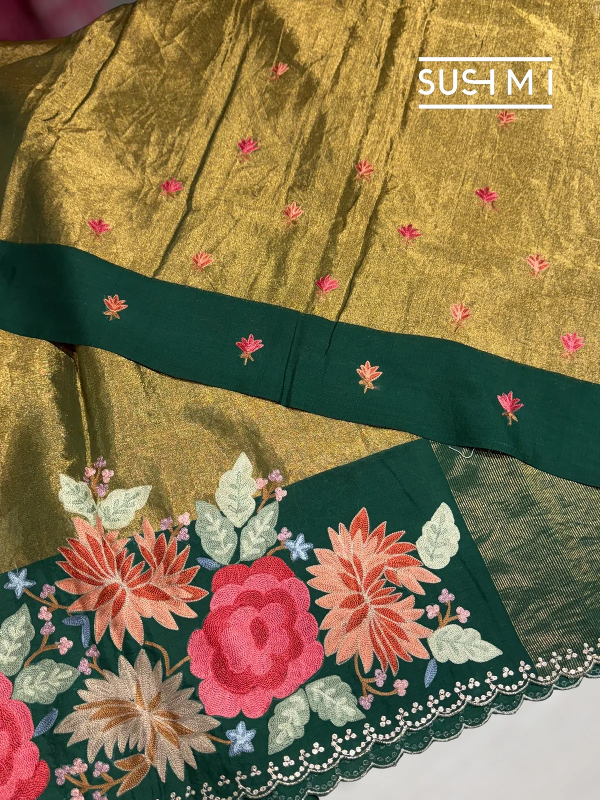 Antique Green Chanderi Tissue Saree with embroidery — Image 7