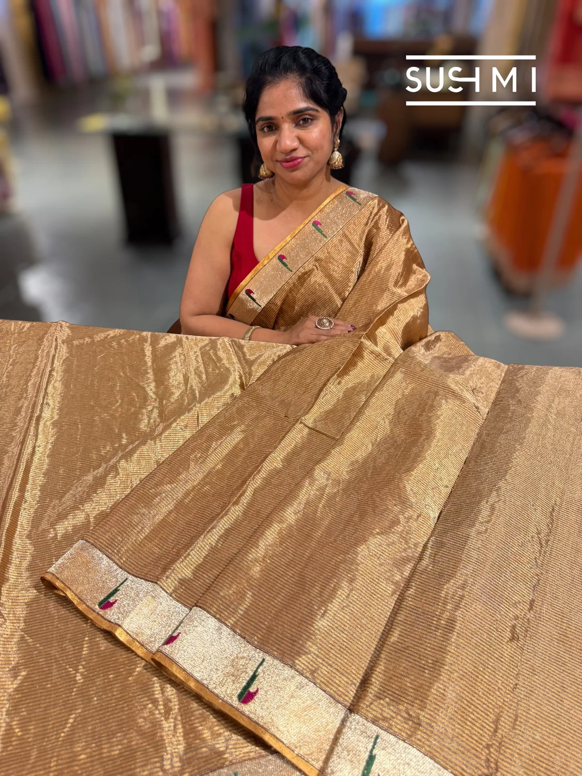 Antique Gold Chanderi Tissue Saree with pythani inspired border — Image 3